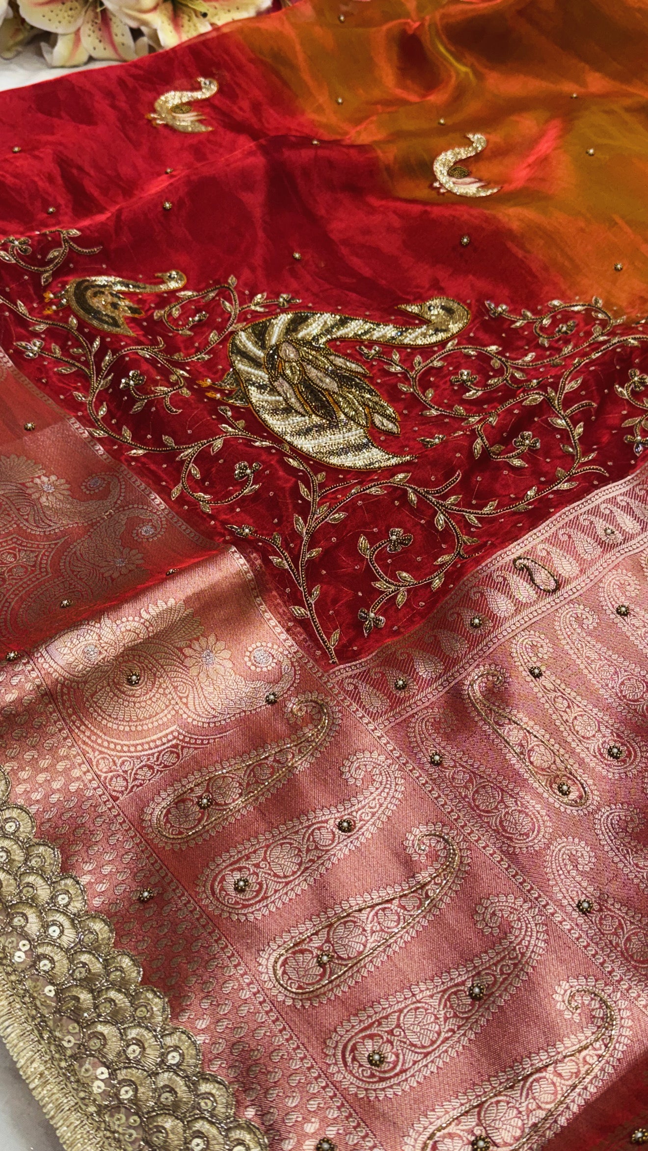 Karwachauth special - Red orange ombre shaded tissue silk duck motif hand embroidered saree