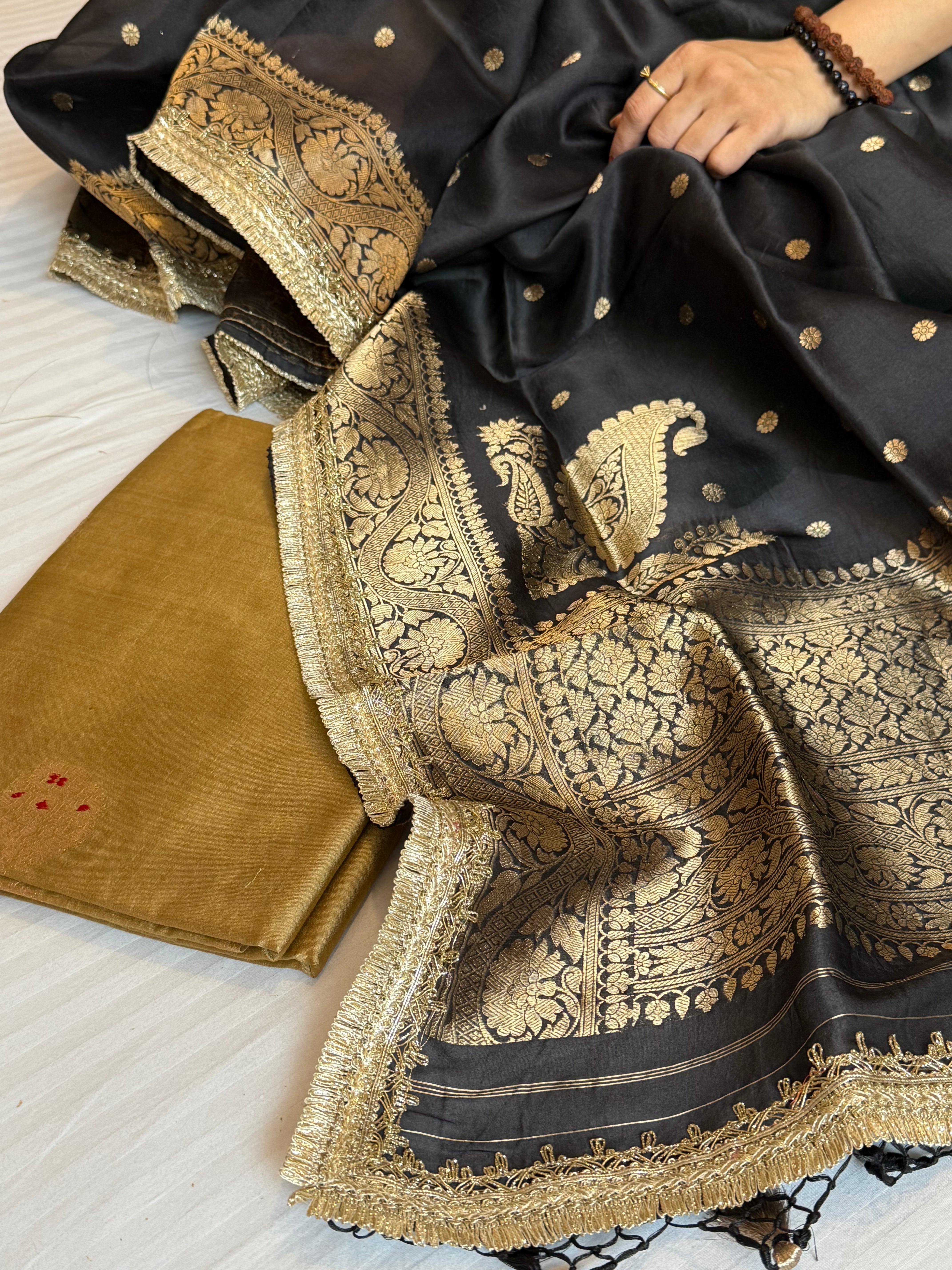 Banarasi olive-gold black combination kohniya buti silk suit sets