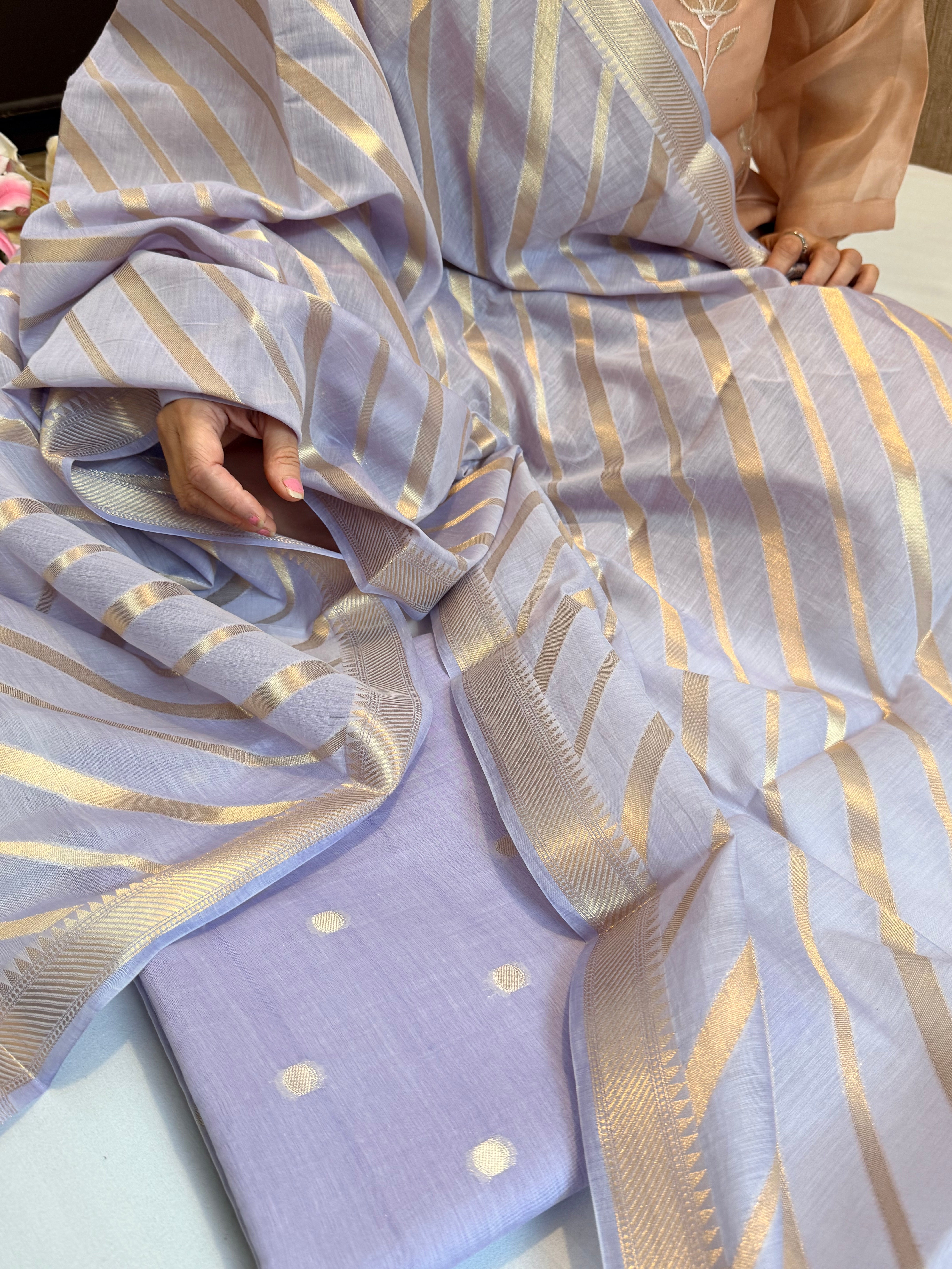 BELOW 8K - Lilac zari cotton striped kadhwa buti banarasi suit set