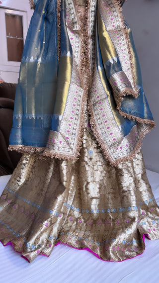 Blueish gold tissue silk kali wale lehenga