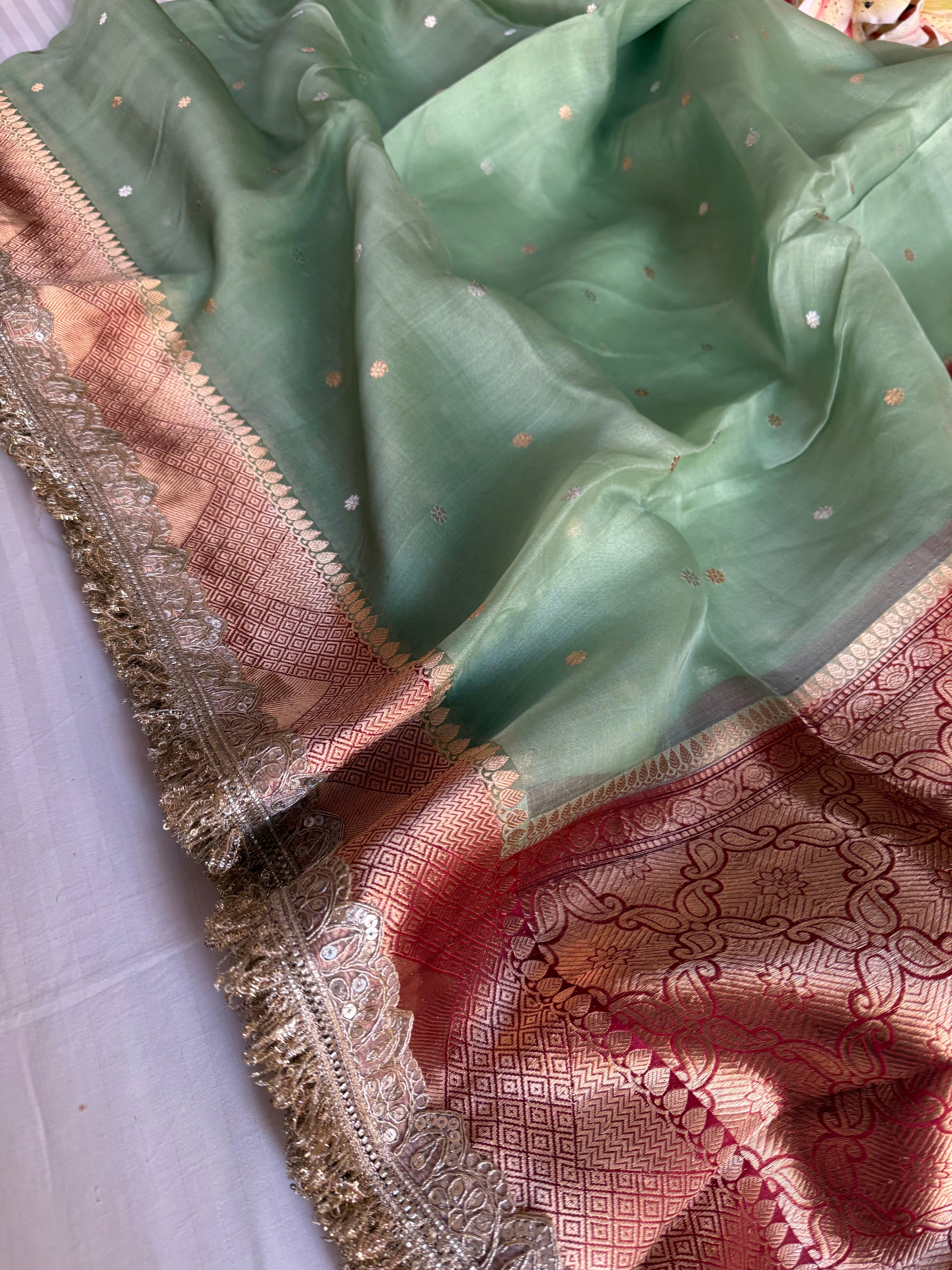 Mint green -Red combination chap dye kora silk banarasi saree