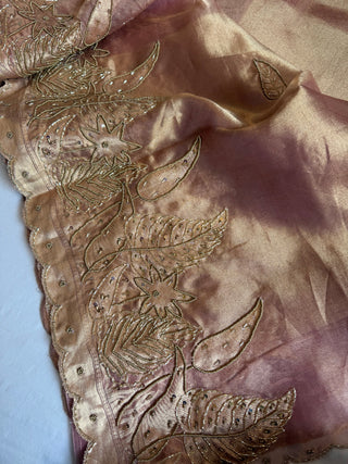 Husn blush pink tissue silk heavy hand embroidered saree