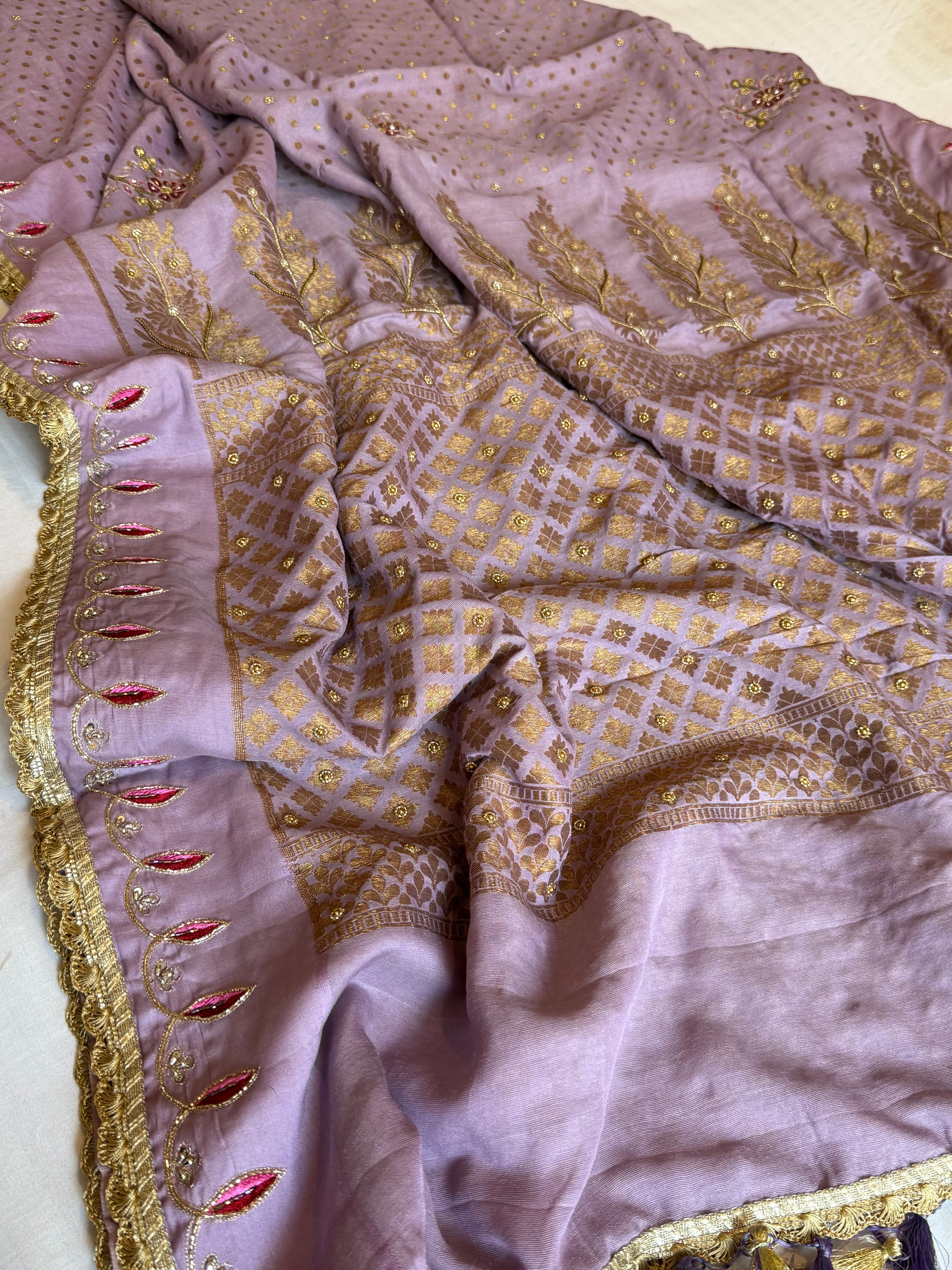 Dusty lilac moonga silk antique zari hand embroidered kadhwa saree