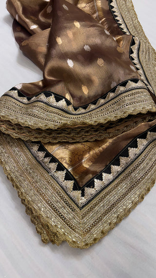 Maharani kanjivaram chocolate brown tissue silk kadhwa buti saree