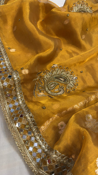 Dulhan wali saree - Olive mustard gold tissue silk hand embroidered saree