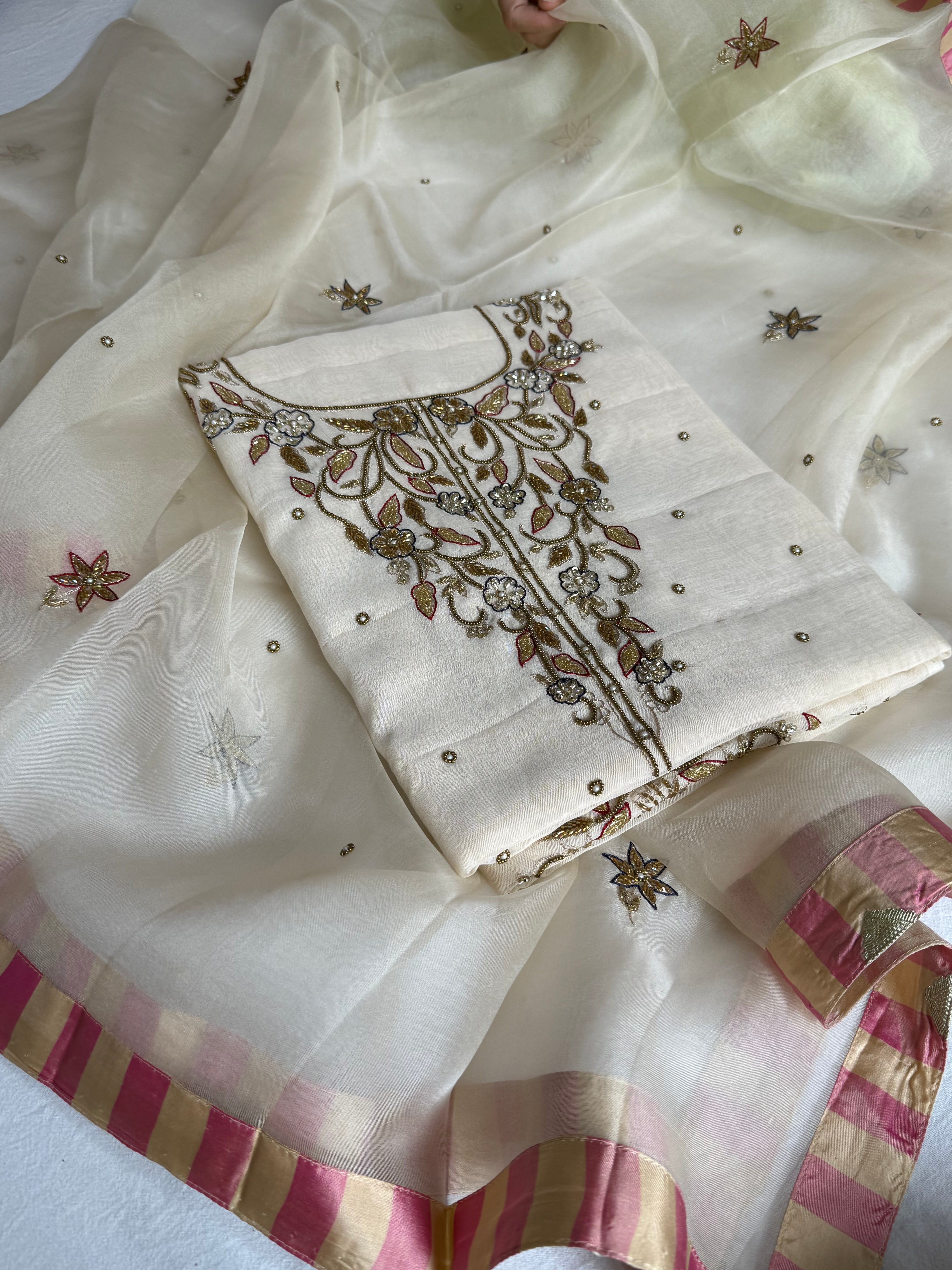 Banarasi formal wear mul cotton heavy hand embroidered suit set with kora silk banarasi border duppata