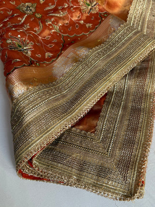 Mughal motif inspired- Fanta orange dhup chao effect husn tissue silk hand embroidered kadhwa saree