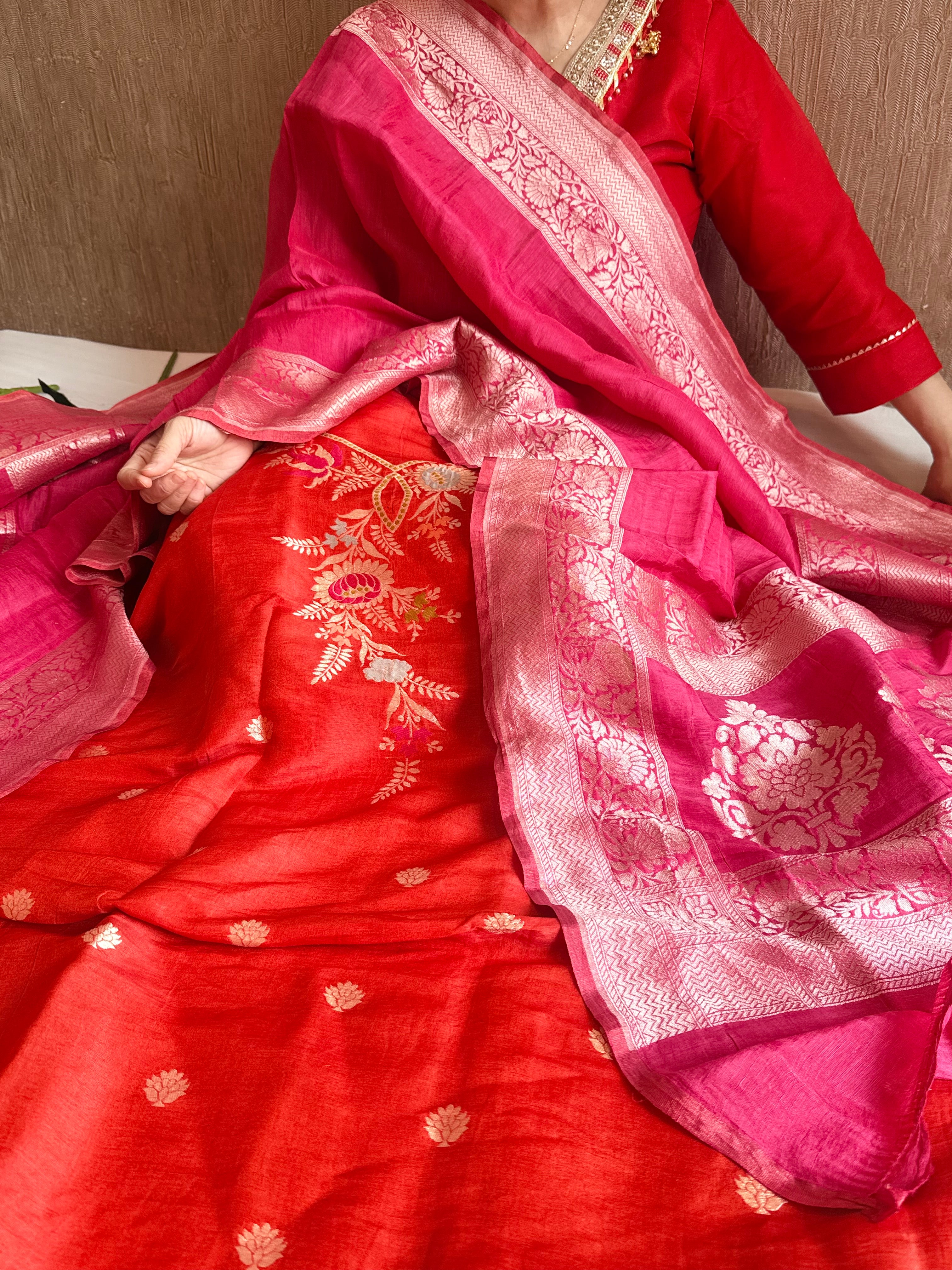 Banarasi linen gorgette neckwork weaving meenakari suit set