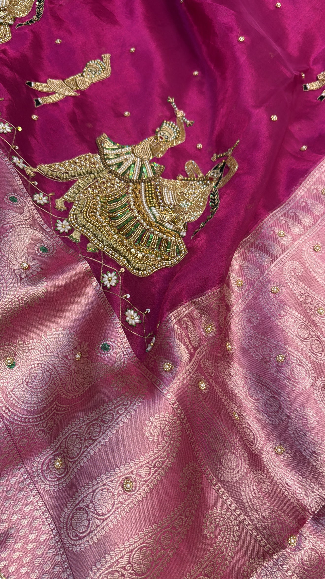 Hot pink husn tissue silk hand embroidered kadhwa saree