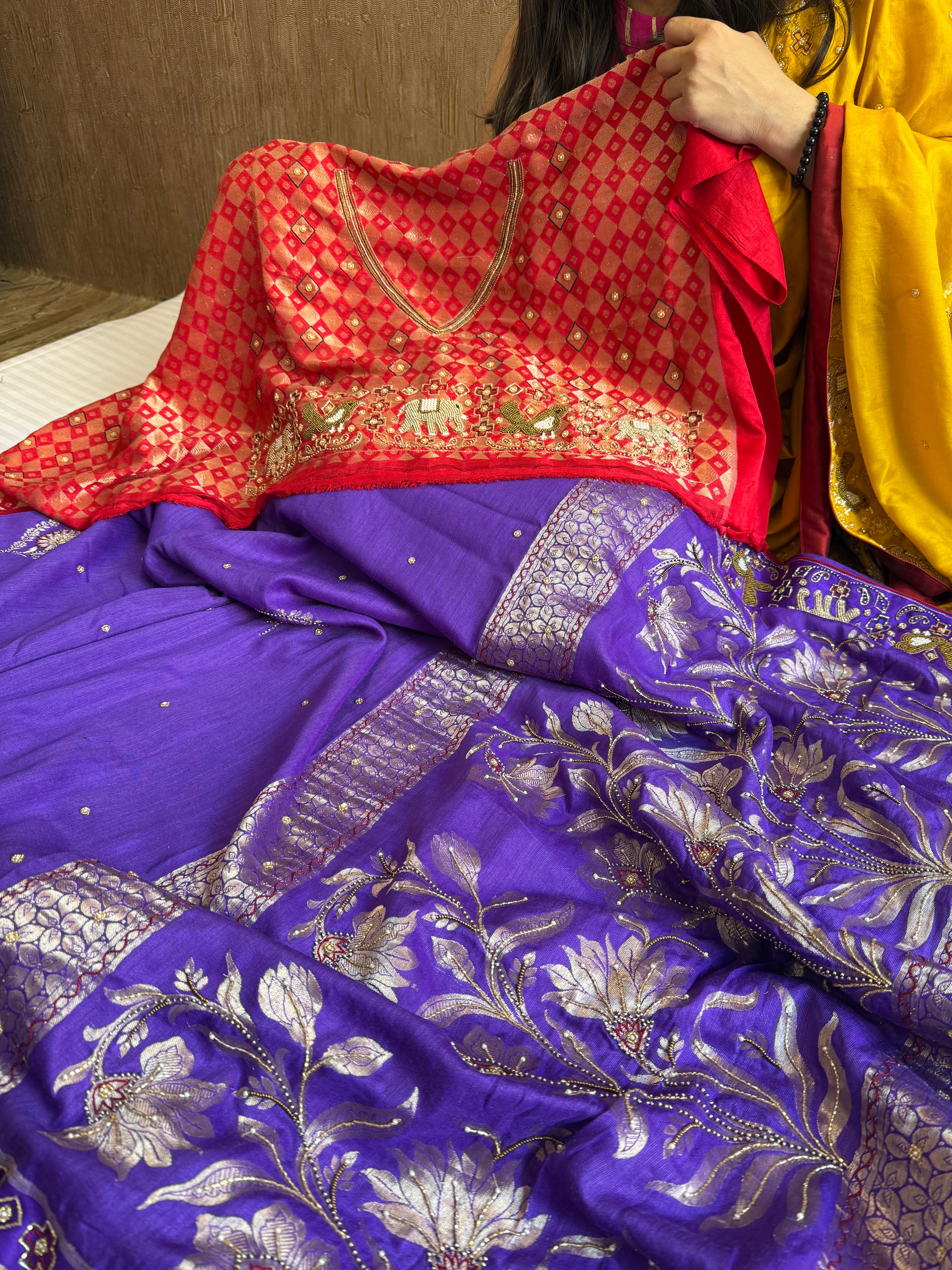 Moonga silk ikkat patola weaving inspired hand embroidered kadhwa saree