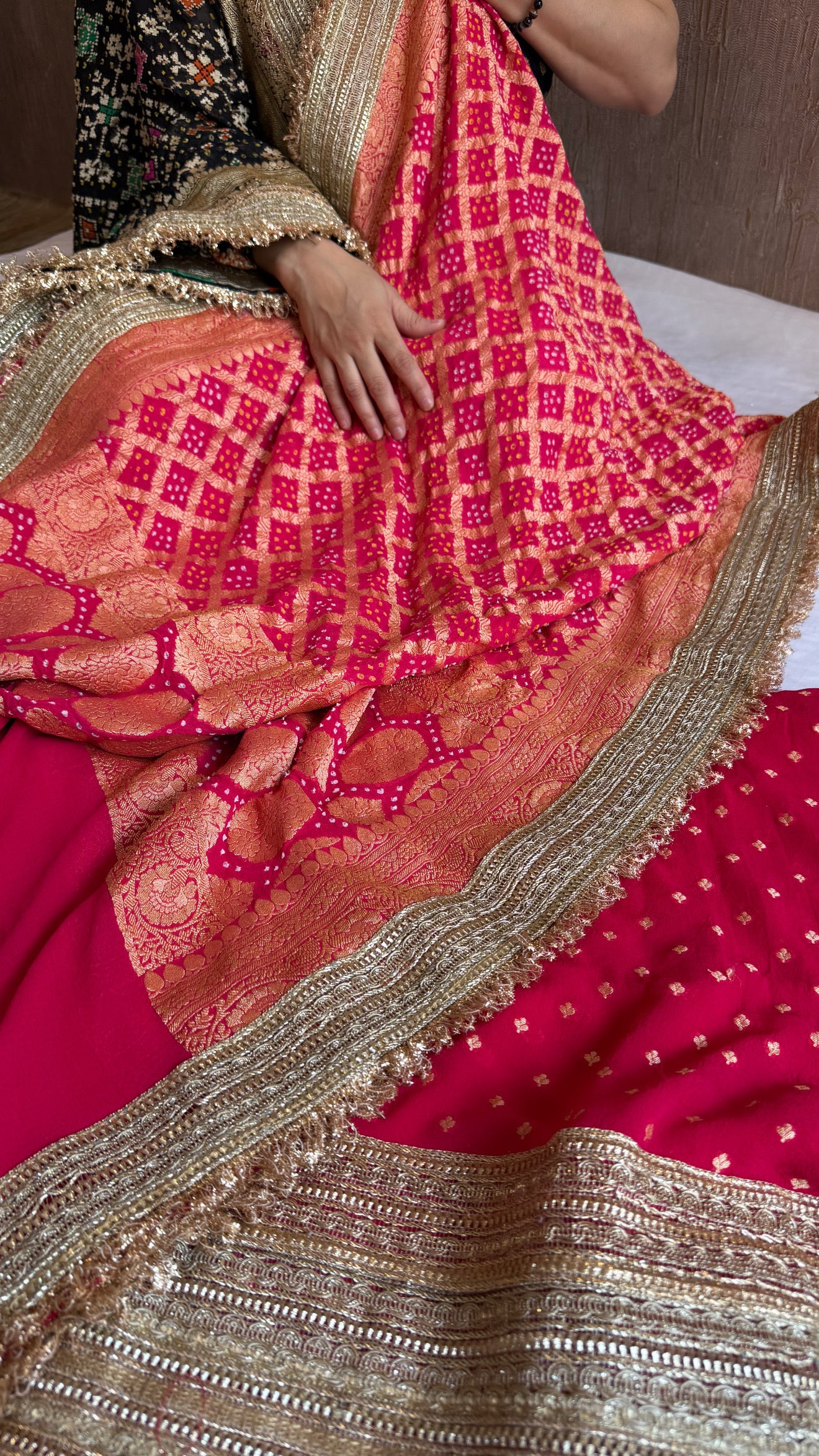 Strawberry pink rai banarasi bandhej gorgette kadhwa gotapatti suit set