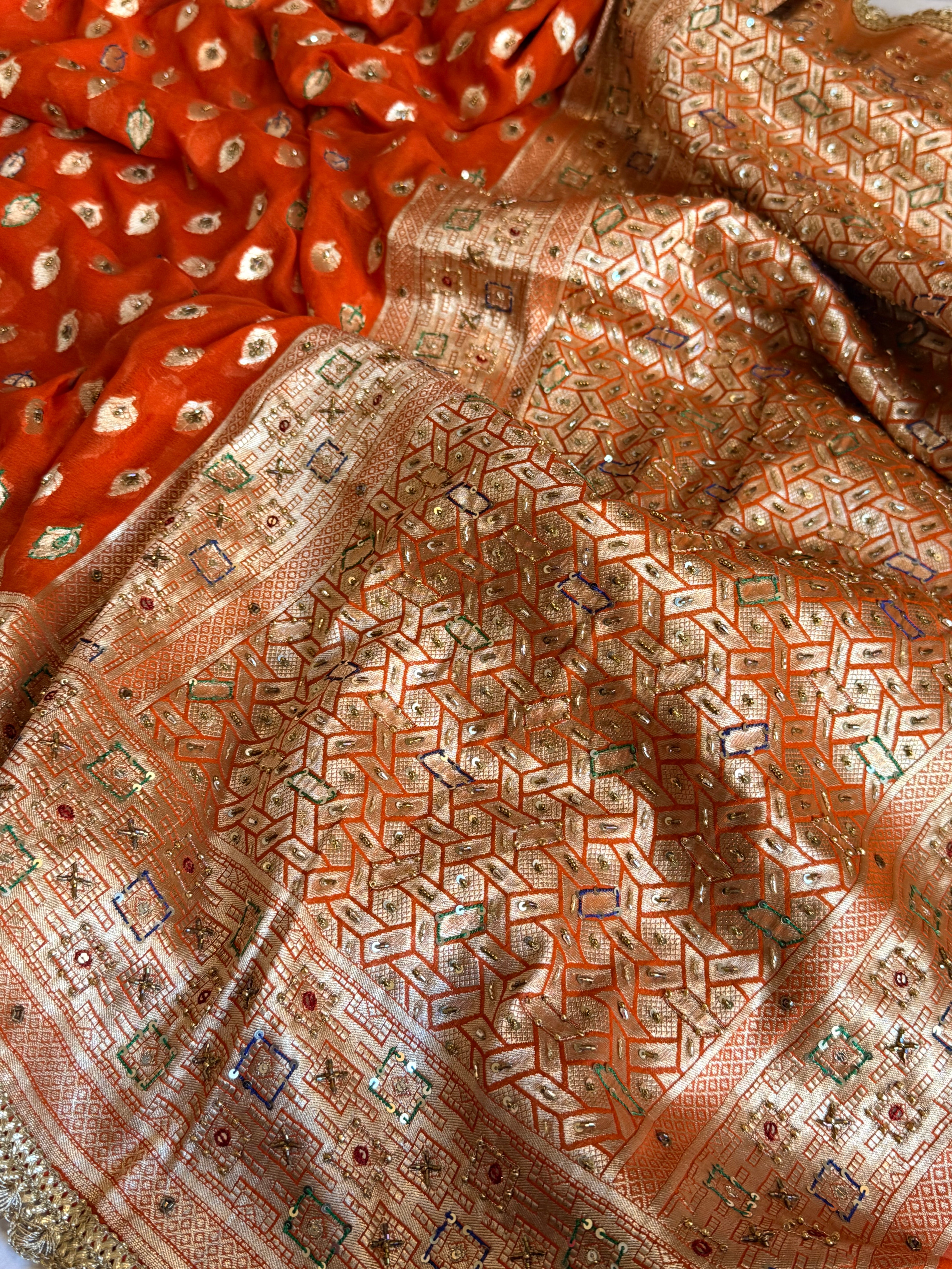 Banarasi moonga gorgette fanta orange hand embroidered kadhwa saree