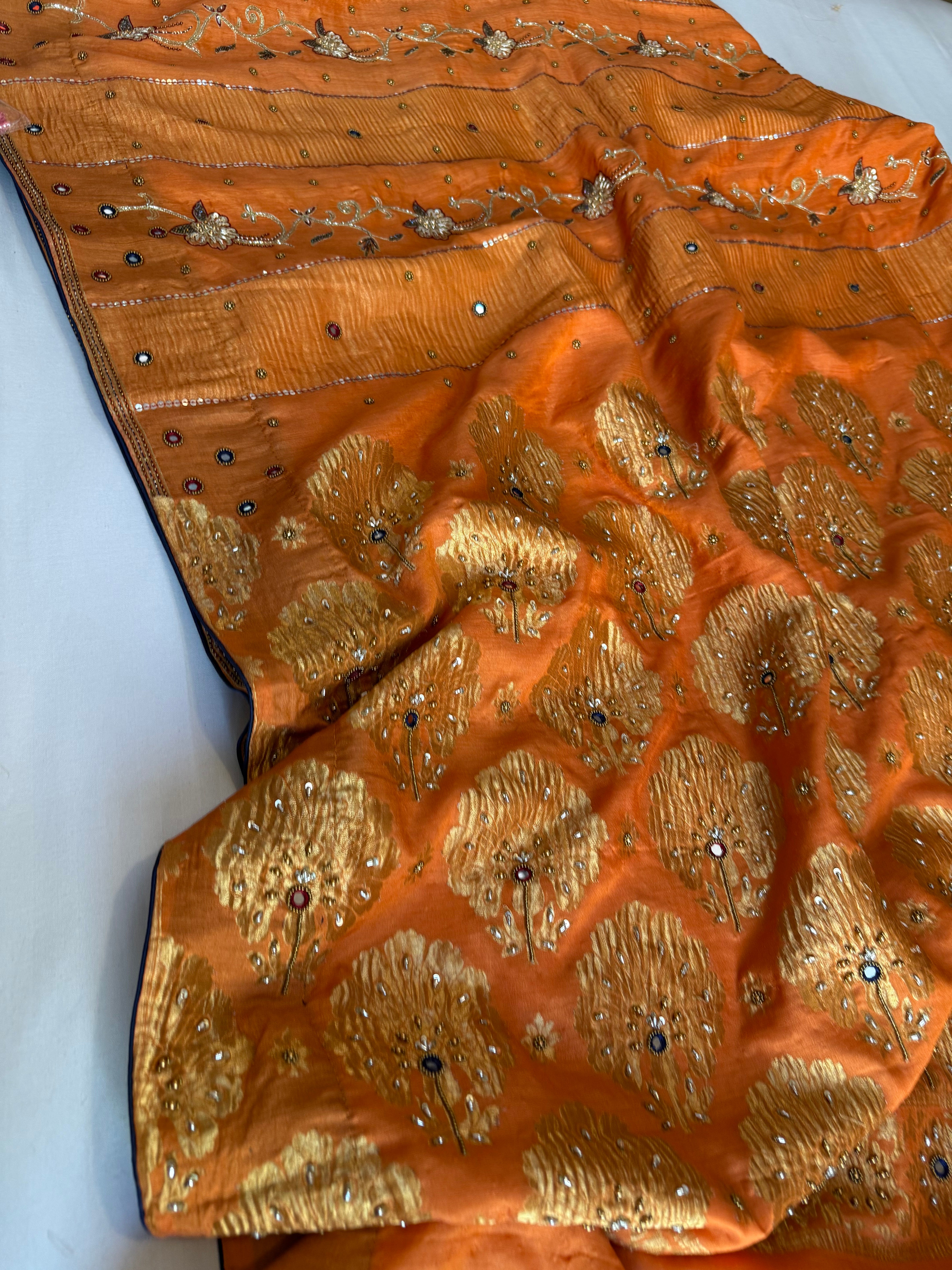 Mastani edit - Fanta orange moonga silk hand embroidered kadhwa saree