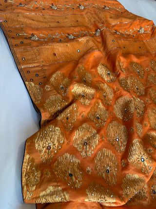 Mastani edit - Fanta orange moonga silk hand embroidered kadhwa saree