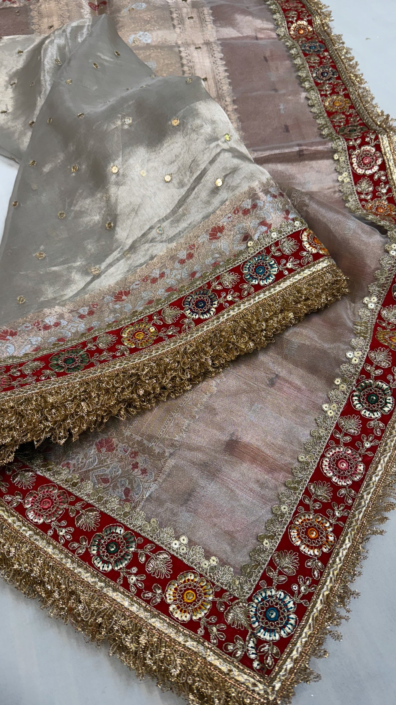 Diamond tissue silk chunri buti hand embroidered panetar saree