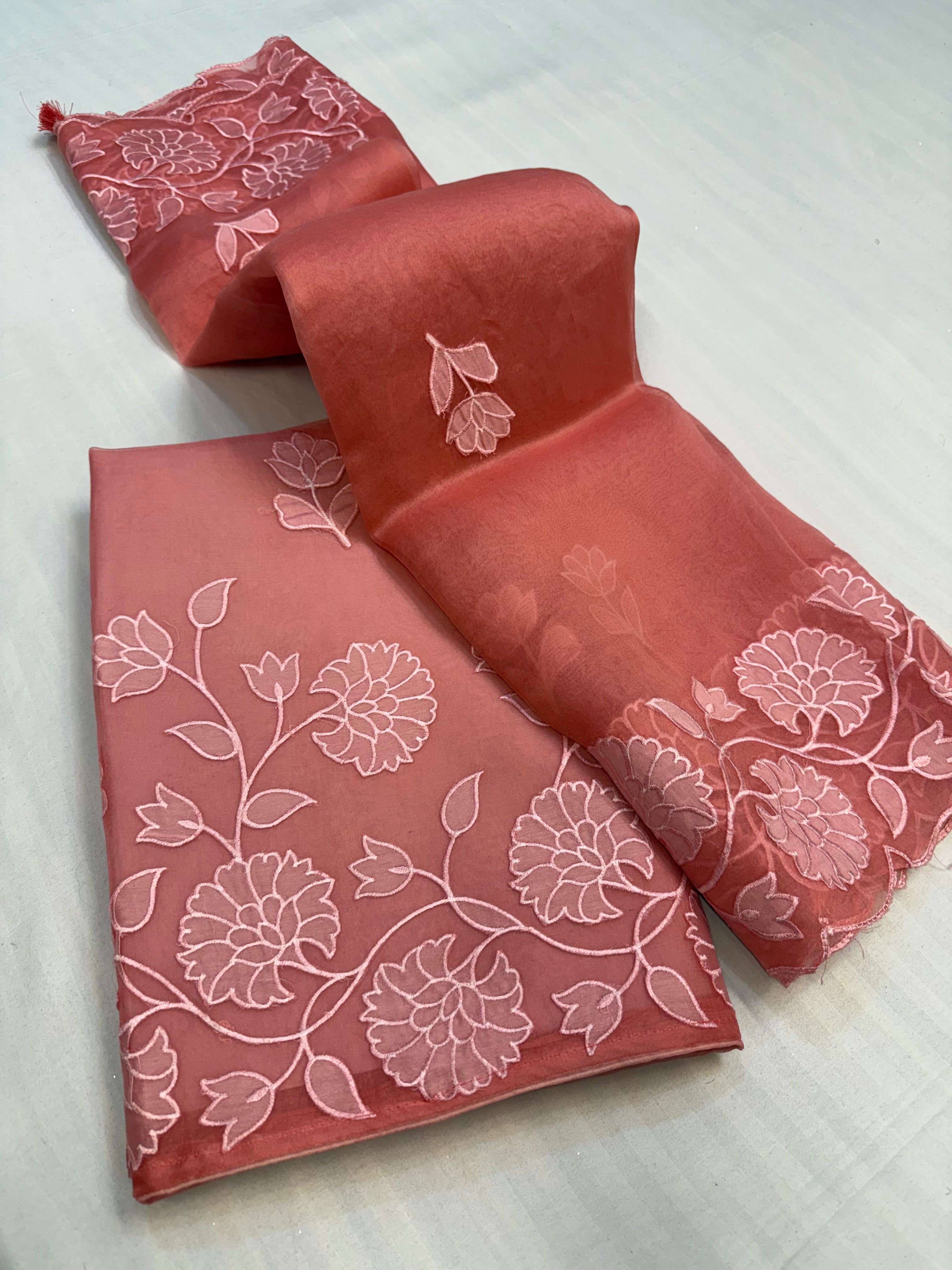 Kora silk appliqué work hand embroidered kadhwa suit set