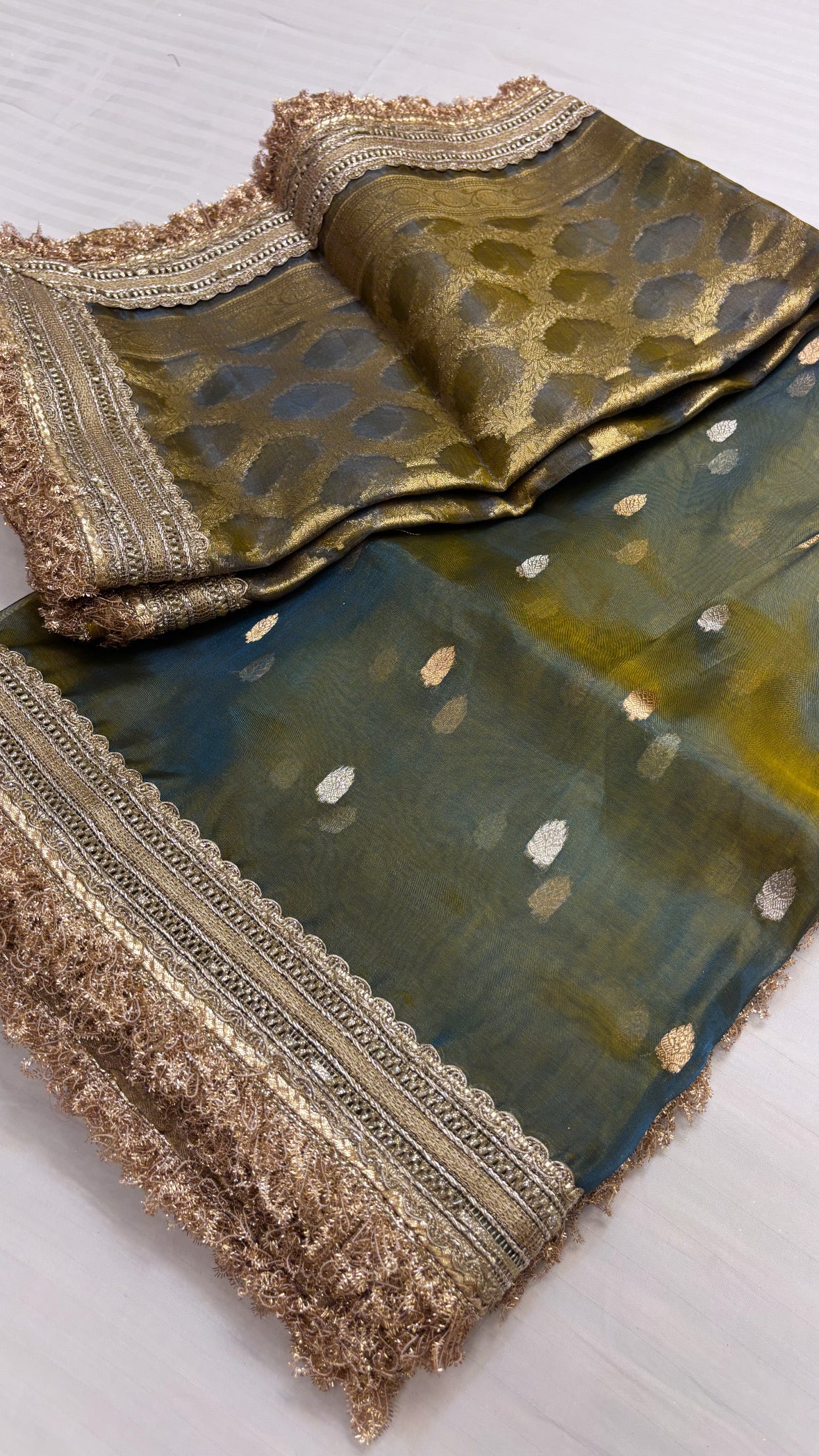 Moss greenish blue dhup chao effect maharani tissue silk saree with maharani tissue silk duppata