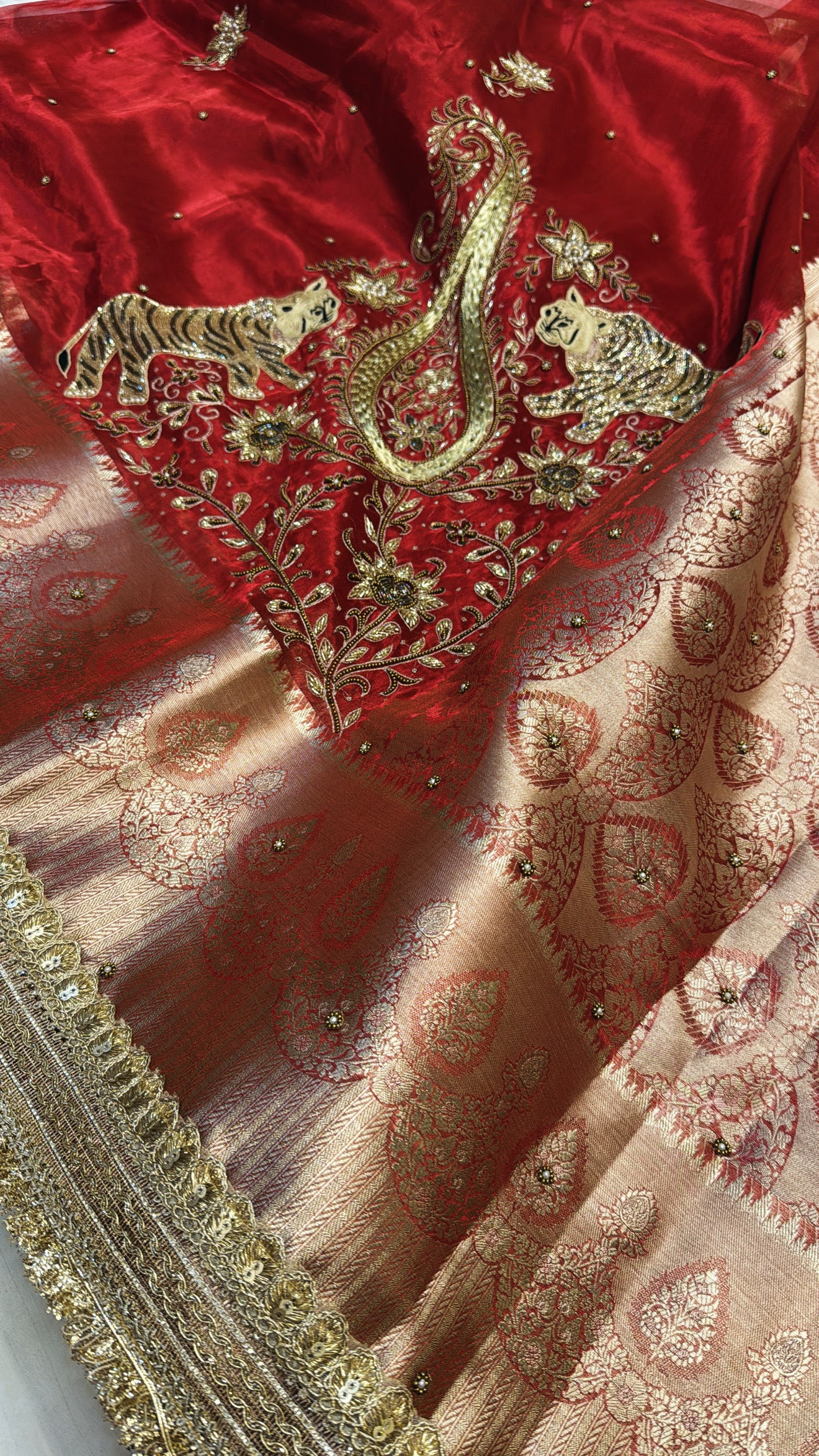 Red special - Husn metallic red tissue silk tiger motif hand embroidered kadhwa saree