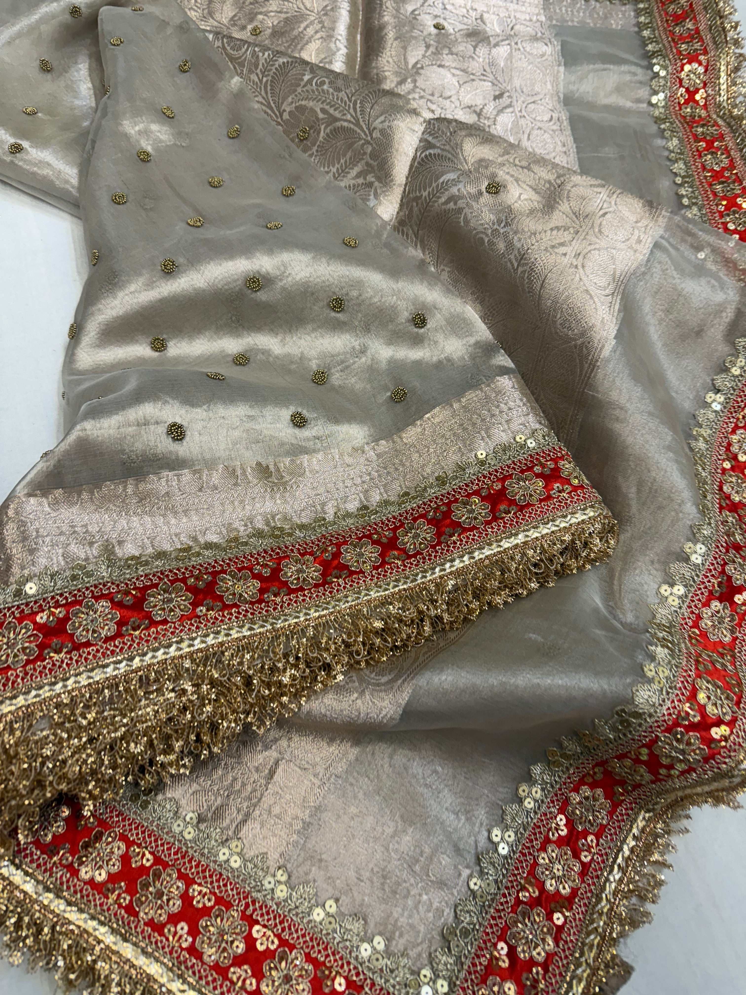 Diamond tissue silk chunri buti hand embroidered panetar saree