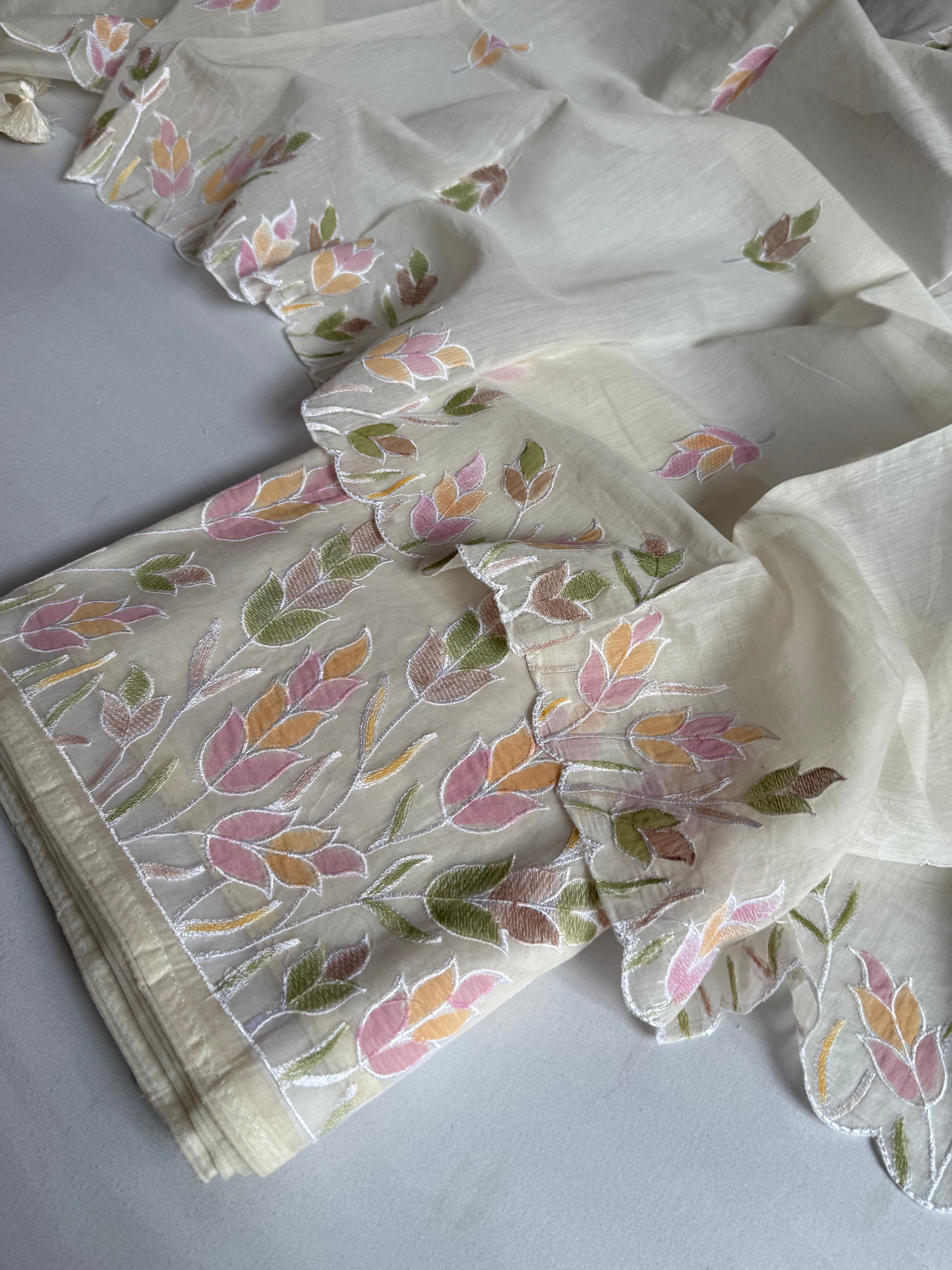 White mul banarasi cotton brush dyed appliqué work suit set