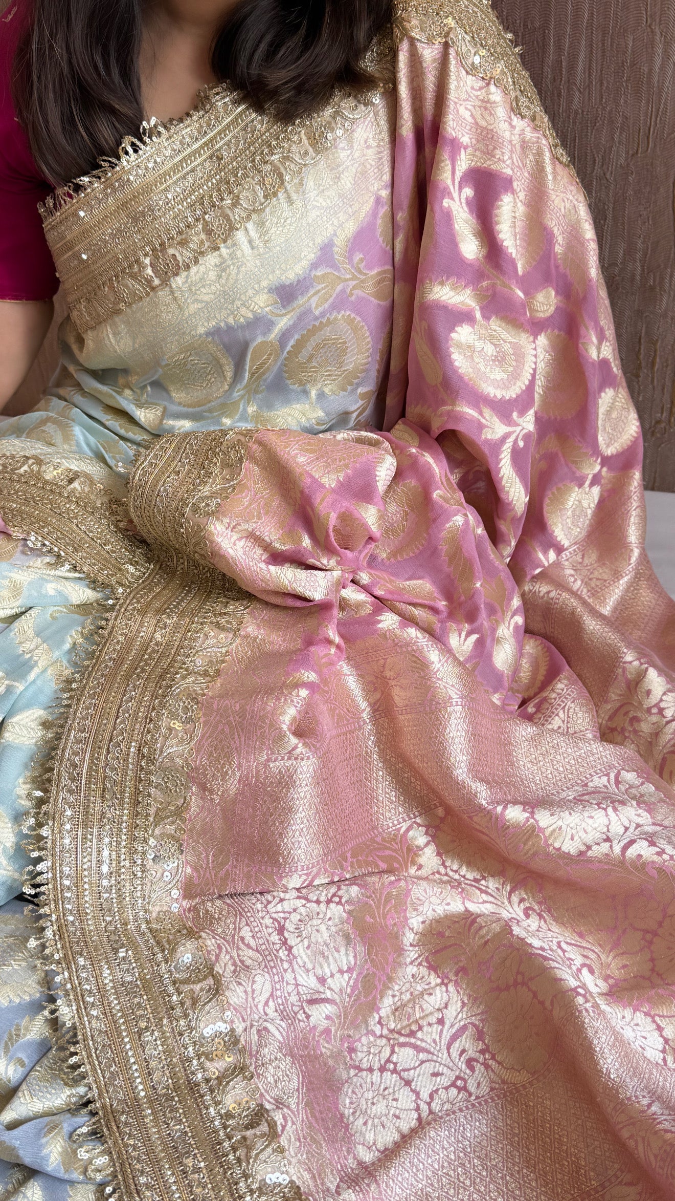 Gayatri devi inspired banarasi chiffon gorgette shaded kadhwa jaal sarees