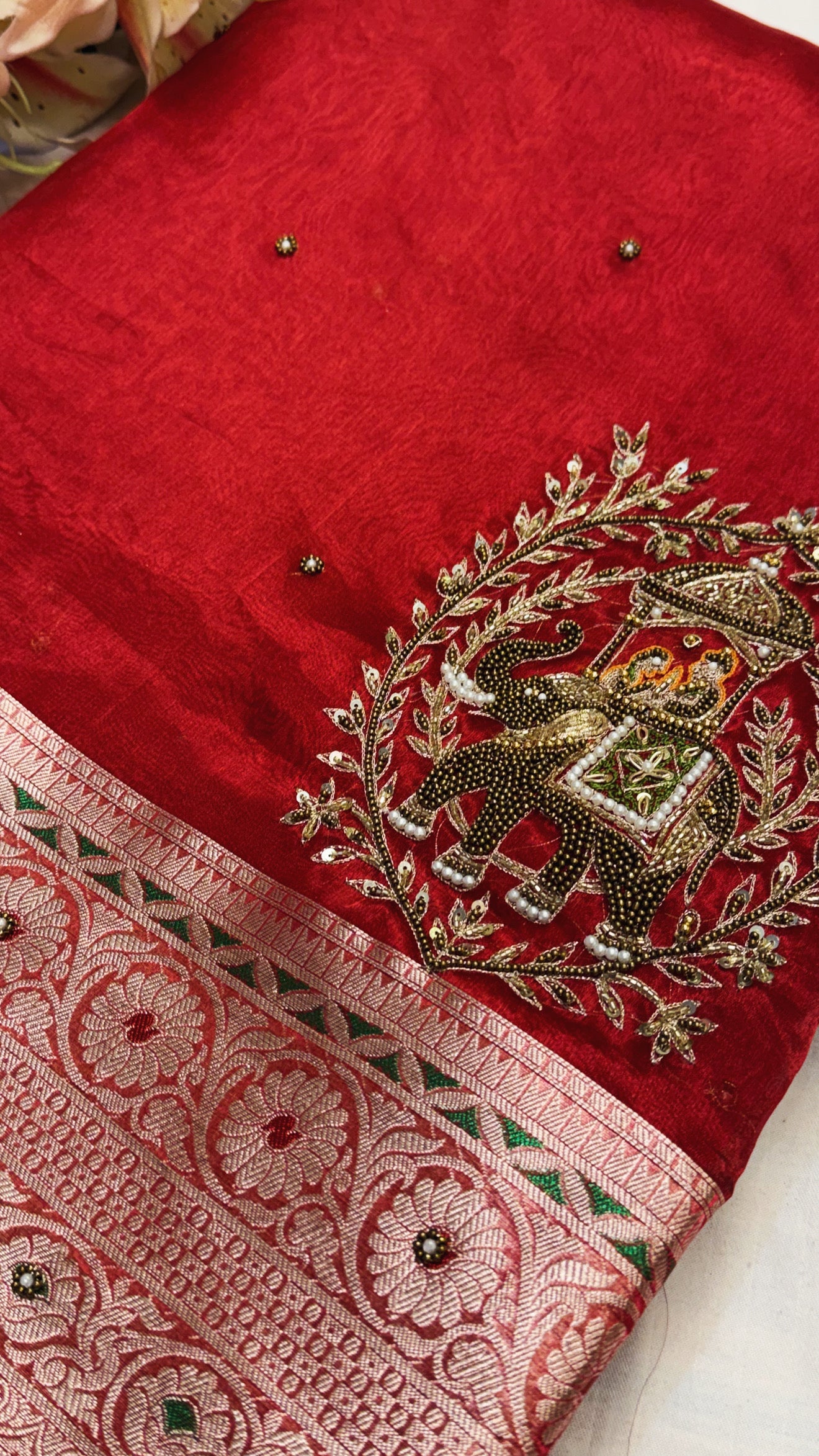 Karwachauth special - Blood red tissue silk baarat motif hand embroidered saree