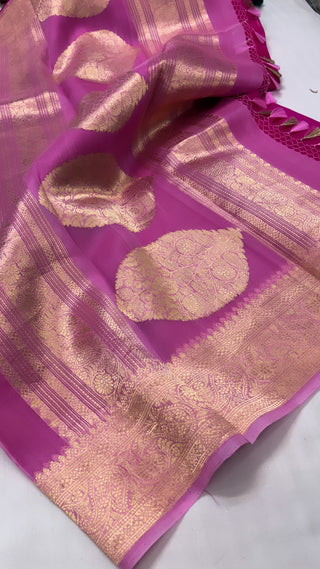 Pure banarasi hot pink ombre shaded kora silk kadhwa saree with sona rupa buti