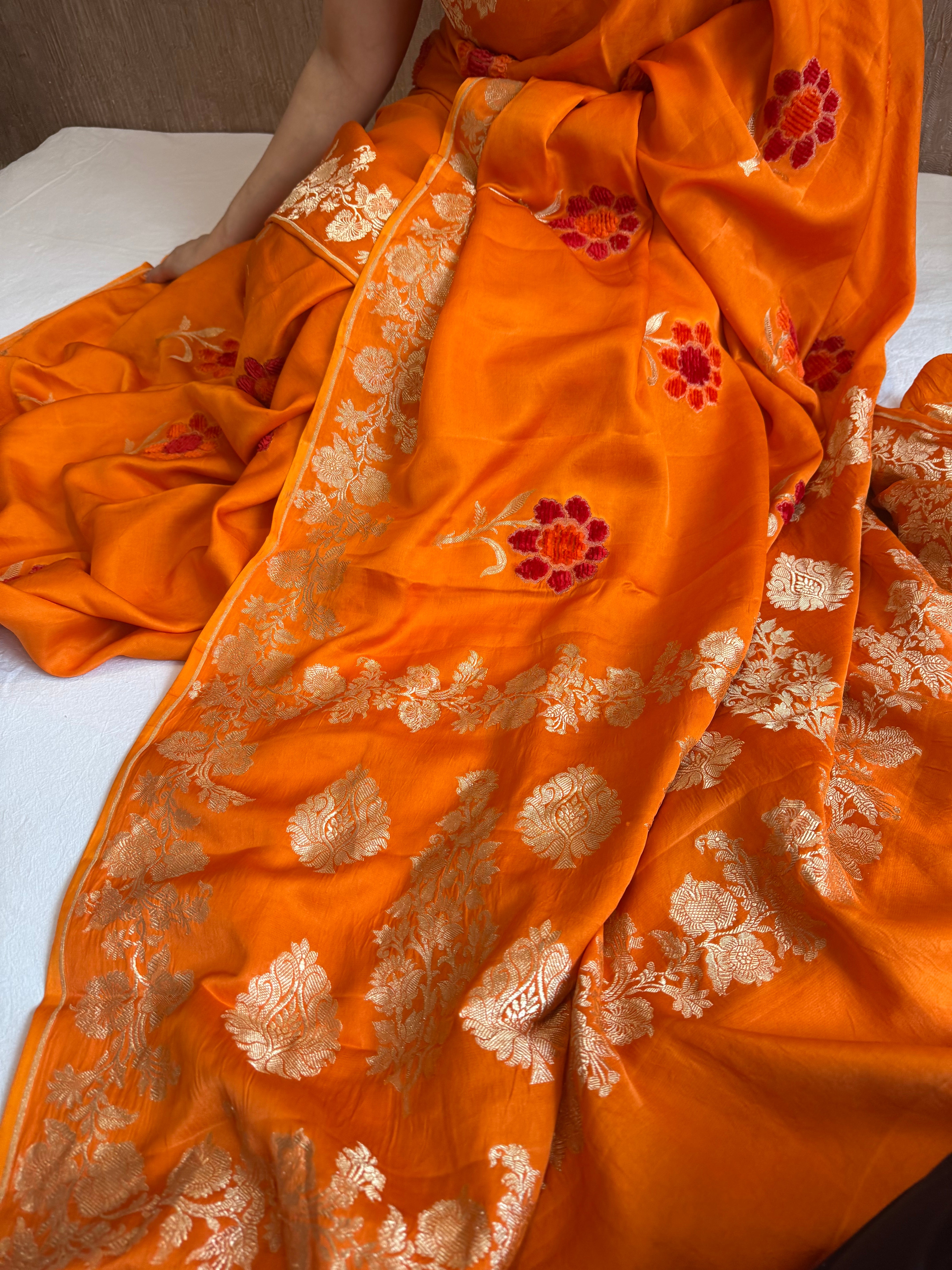 Banarasi fanta orange mashru silk heavy weaving saree with velvet hand embroidered weaving