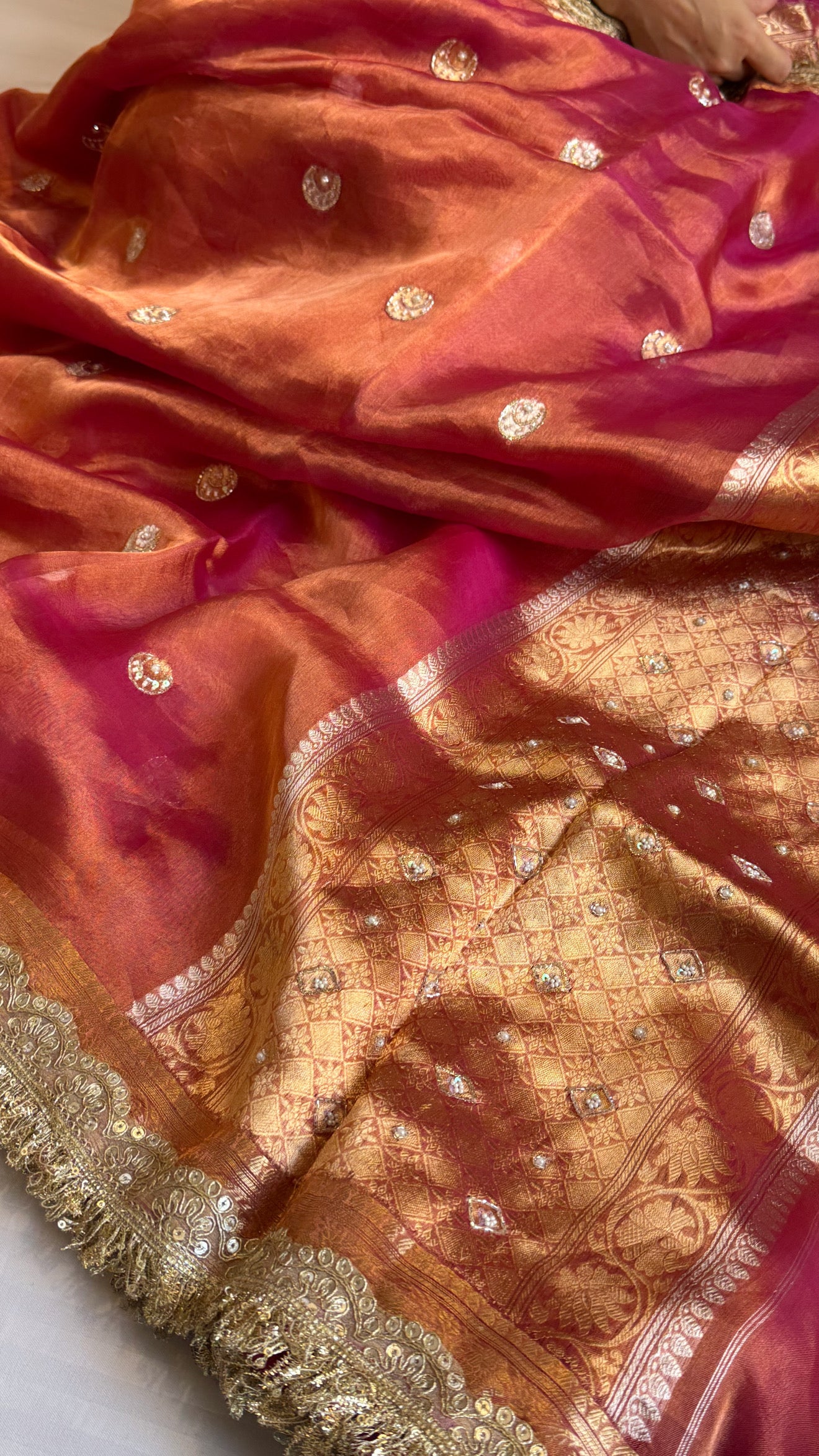 Chand tara rani pink dhup chao effect tissue silk hand embroidered saree
