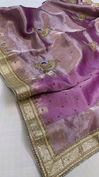 Baarat wali saree - Blush lavender husn tissue silk peacock motif hand embroidered saree