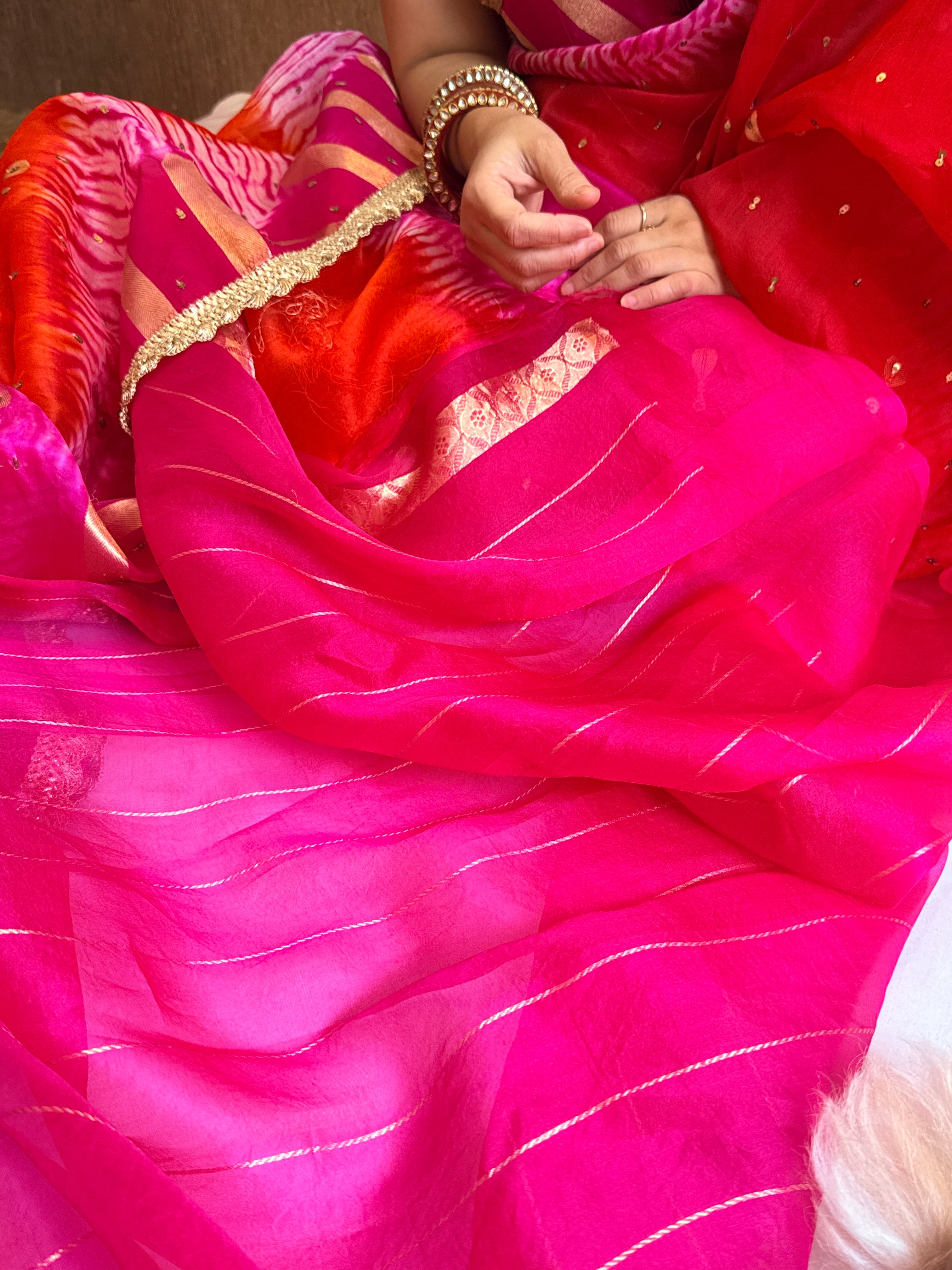 Shibori dye kora silk salma sitara work hand embroidered sequins saree