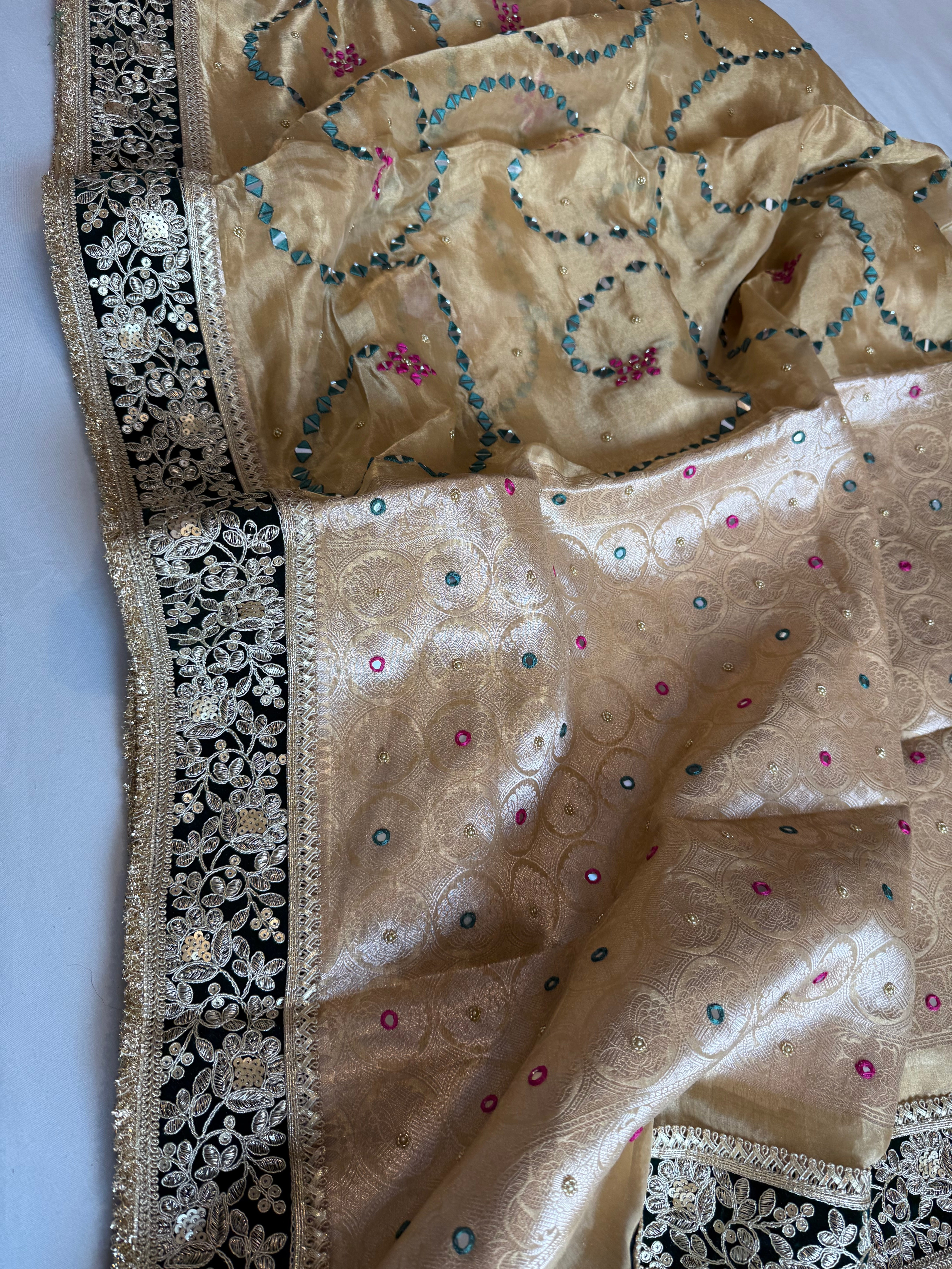 Sheesham edit - Heavy mirror work double tissue silk hand embroidered saree