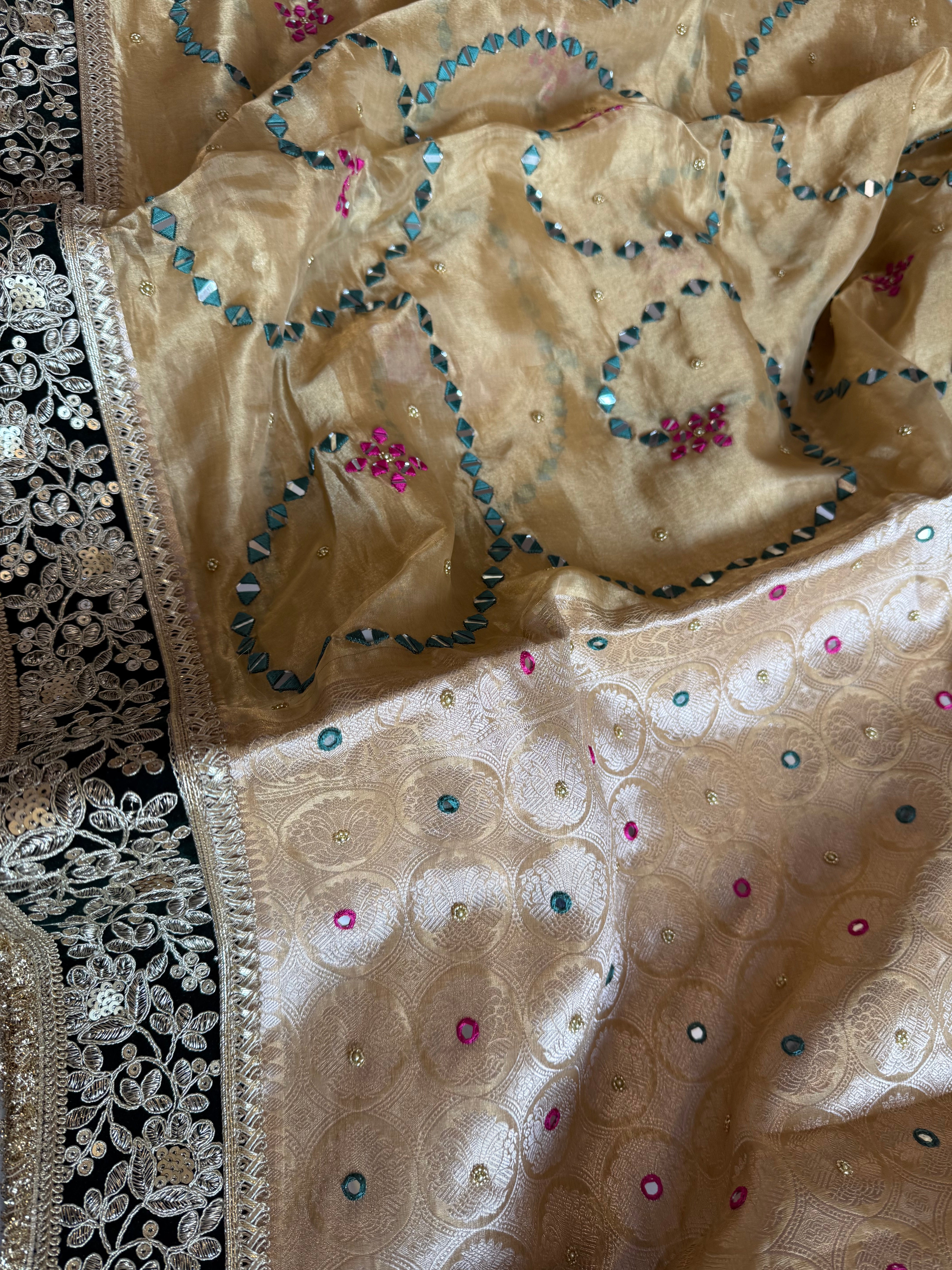 Sheesham edit - Heavy mirror work double tissue silk hand embroidered saree