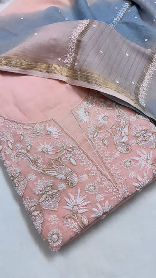 Pure Banarasi handloom premium cotton kadhwa lucknowi chikankari hand embroidered suit set with intricately hand embroidered motifs and ombre shaded duppata set