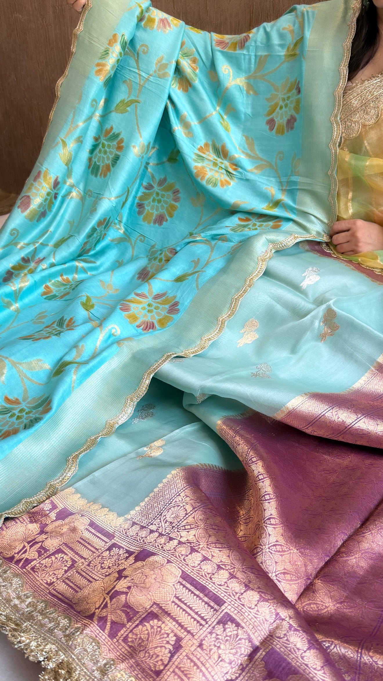 Kora silk chap dye contrast border kadhwa saree paired with moonga silk duppata sets