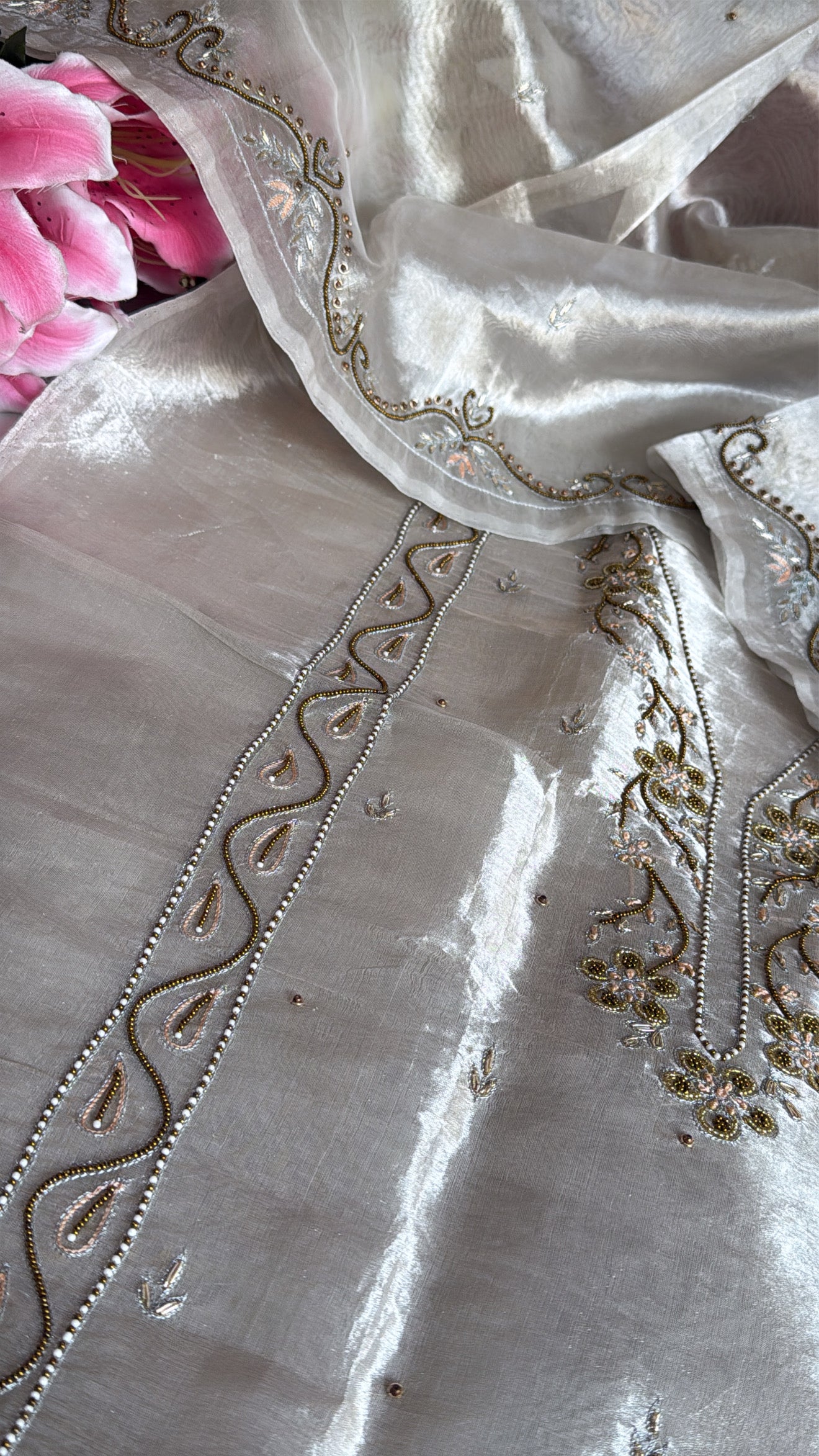 Diamond tissue silk hand embroidered heeramandi kadhwa suit set