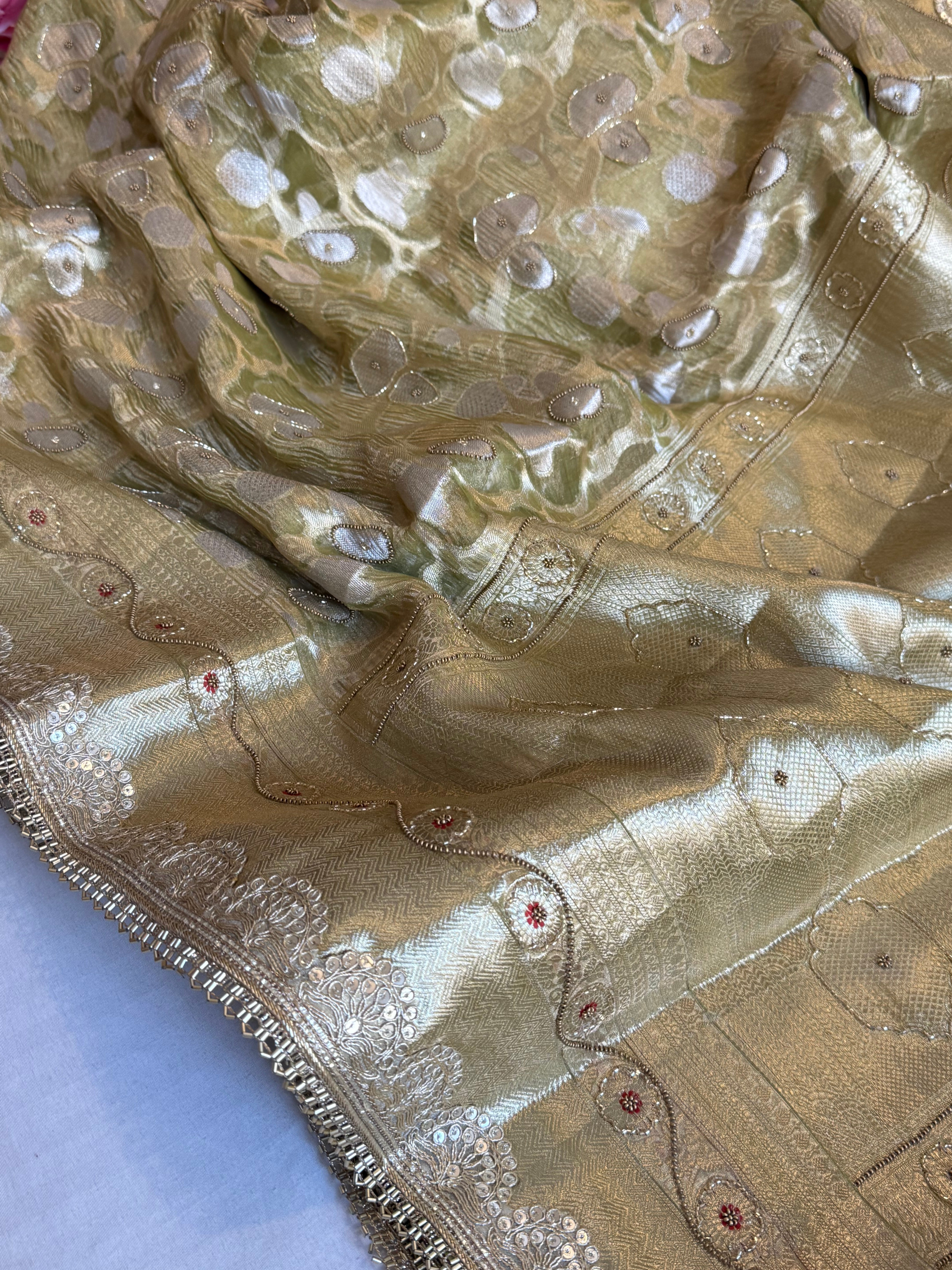 Mehfil sona rupa crushed tissue silk hand embroidered kadhwa saree