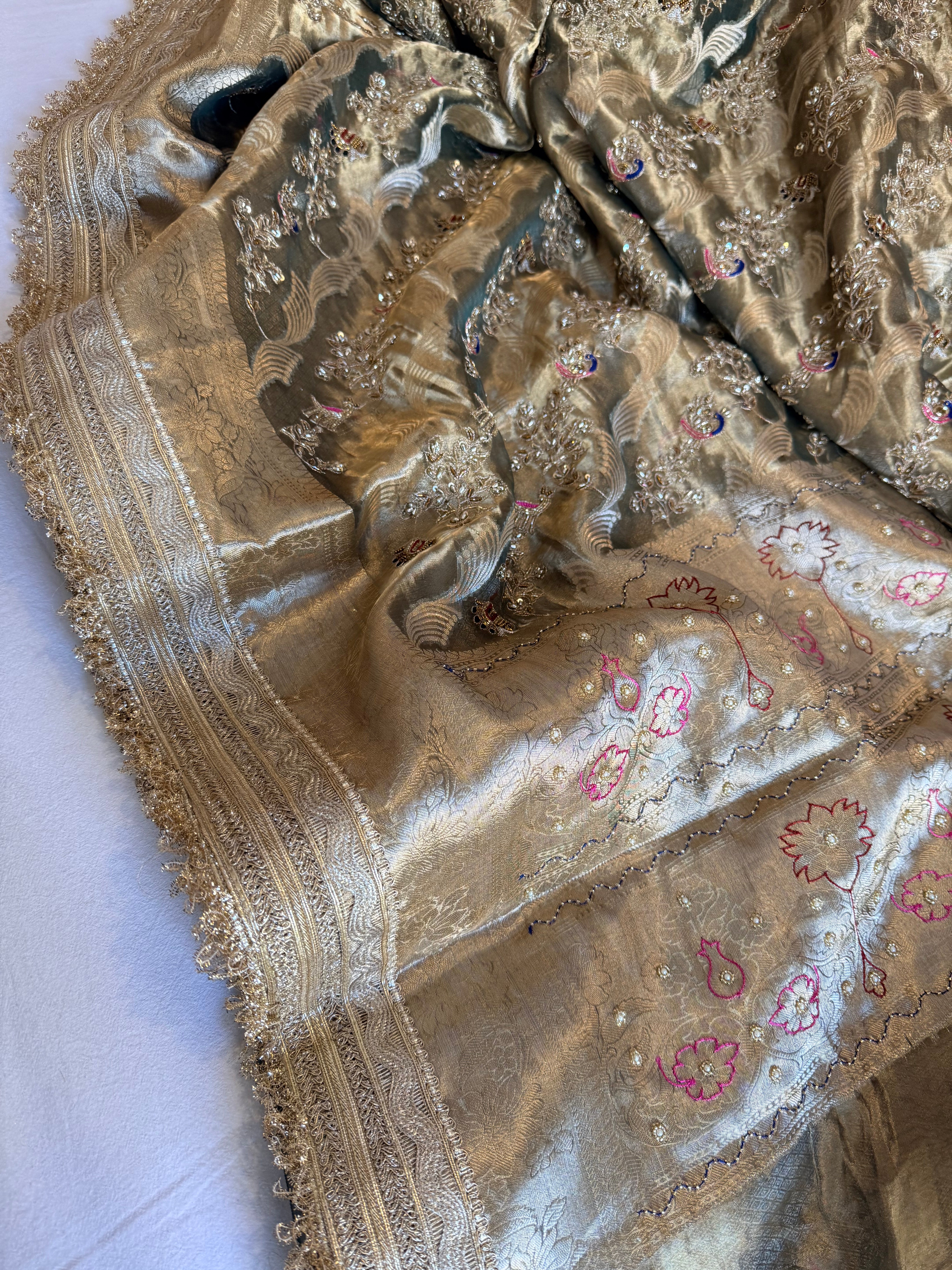 Mint green tissue silk kadhwa hand embroidered shikargah saree