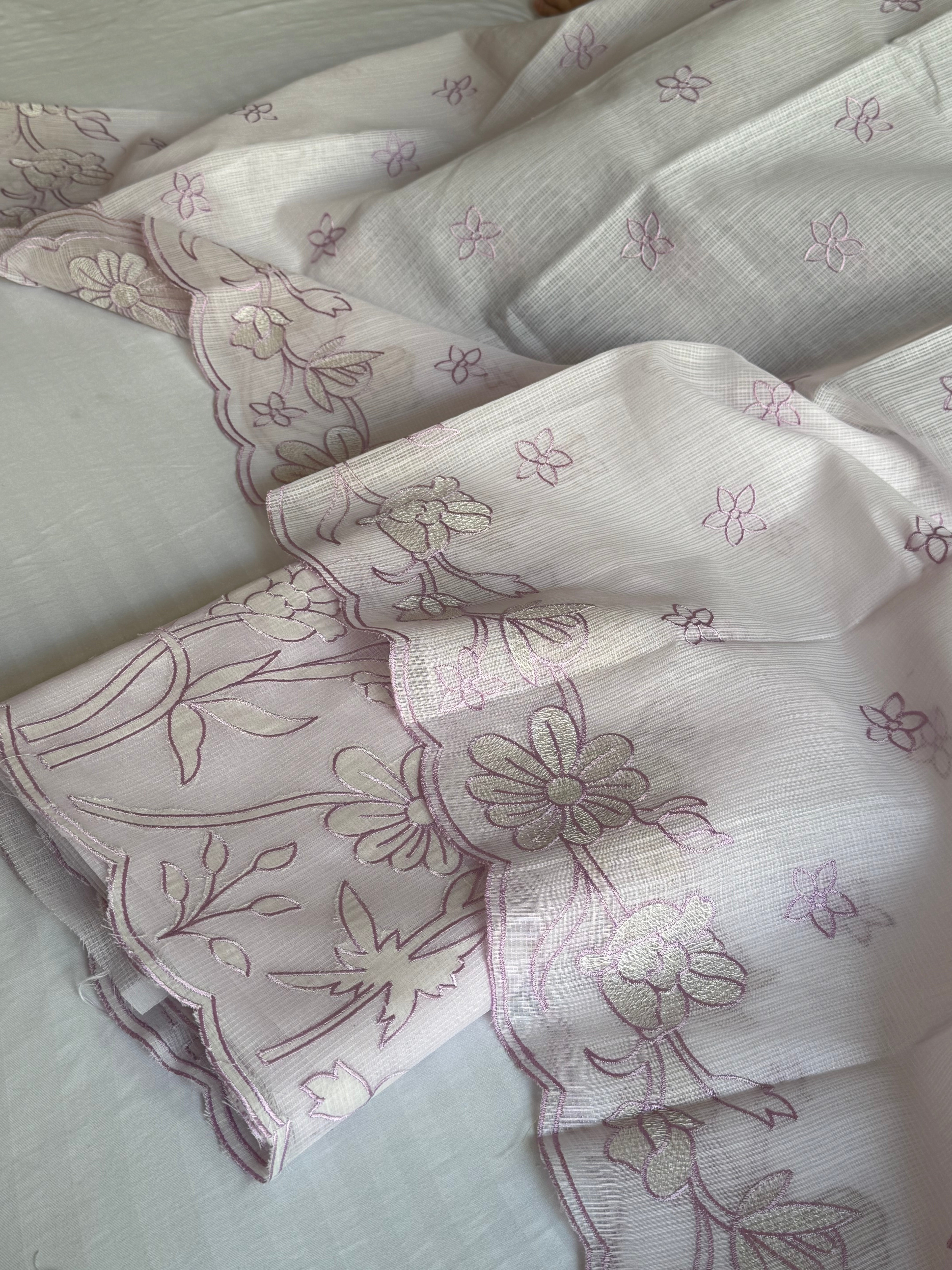 Powder pink kota check appliqué work hand embroidered kadhwa suit set