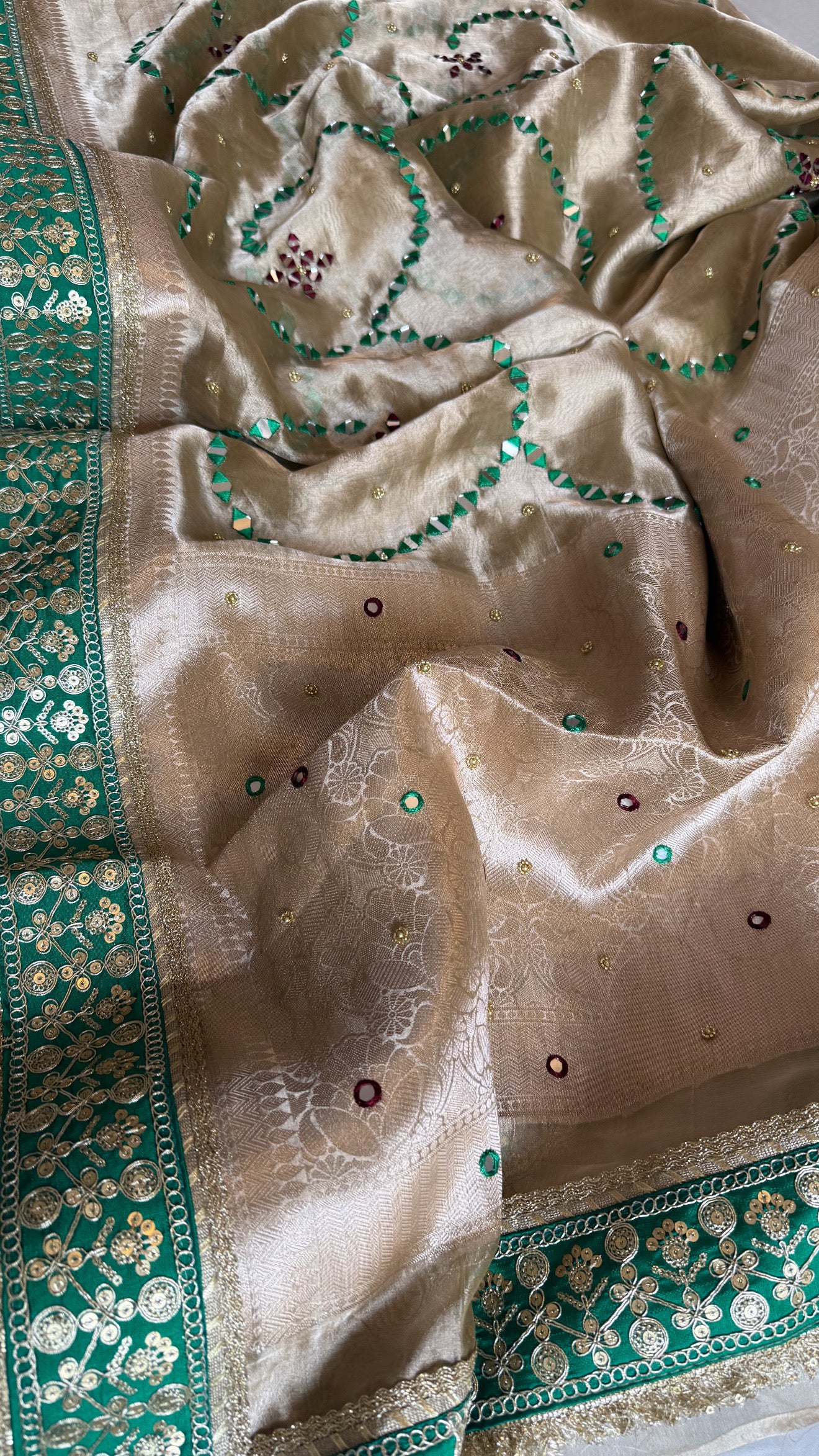 Sheesham edit - Heavy double tissue silk mirror work hand embroidered saree