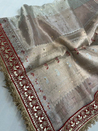 Diamond tissue silk chunri buti hand embroidered panetar saree