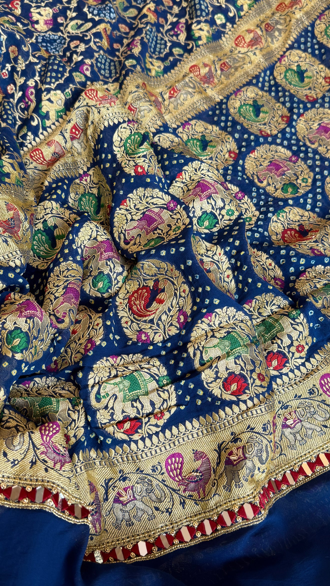 Mirror work banarasi bandhej shikargah motif heavy hand embroidered saree