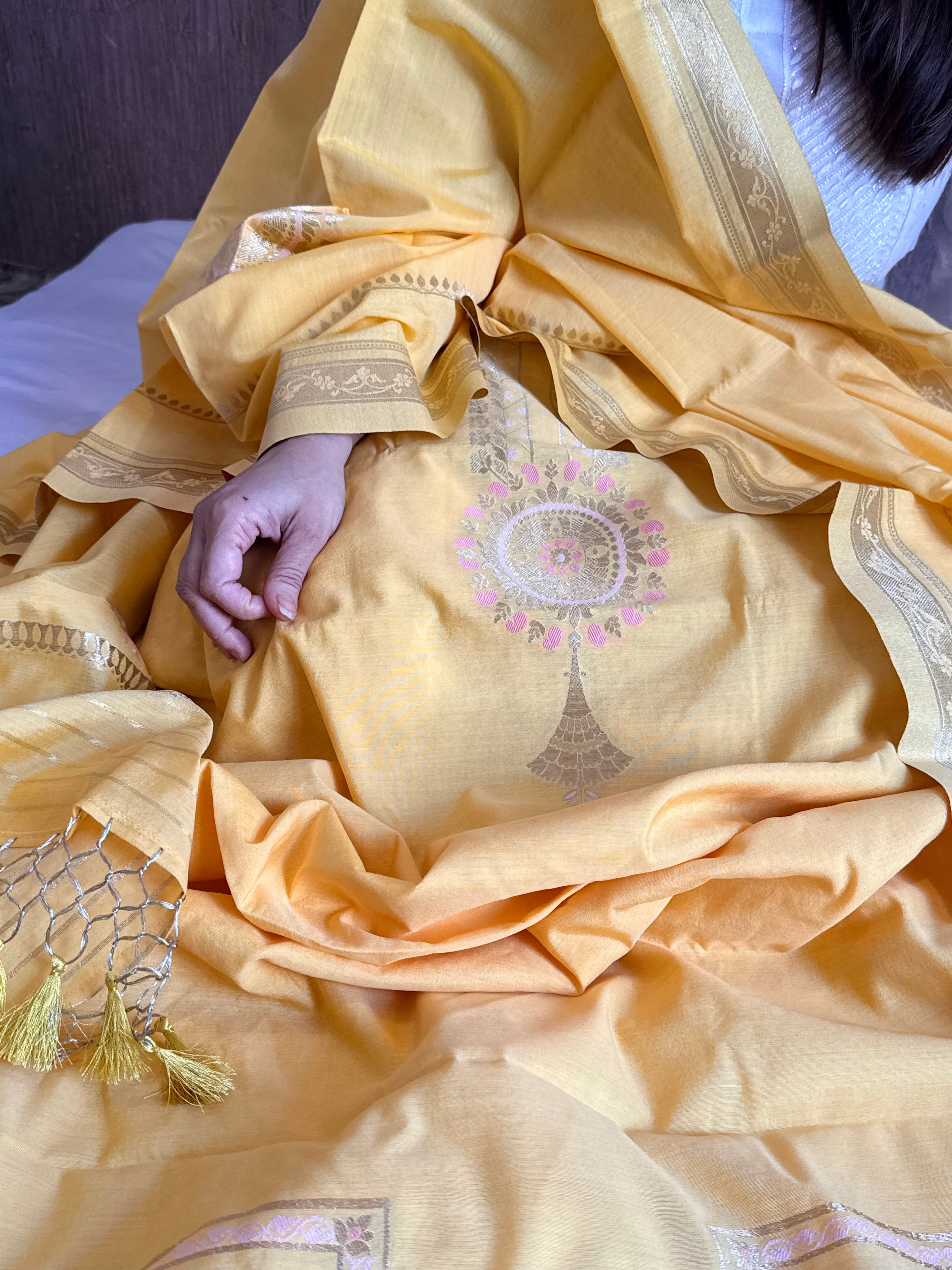 Below 10k - Mughal design inspired cotton silk banarasi suit set