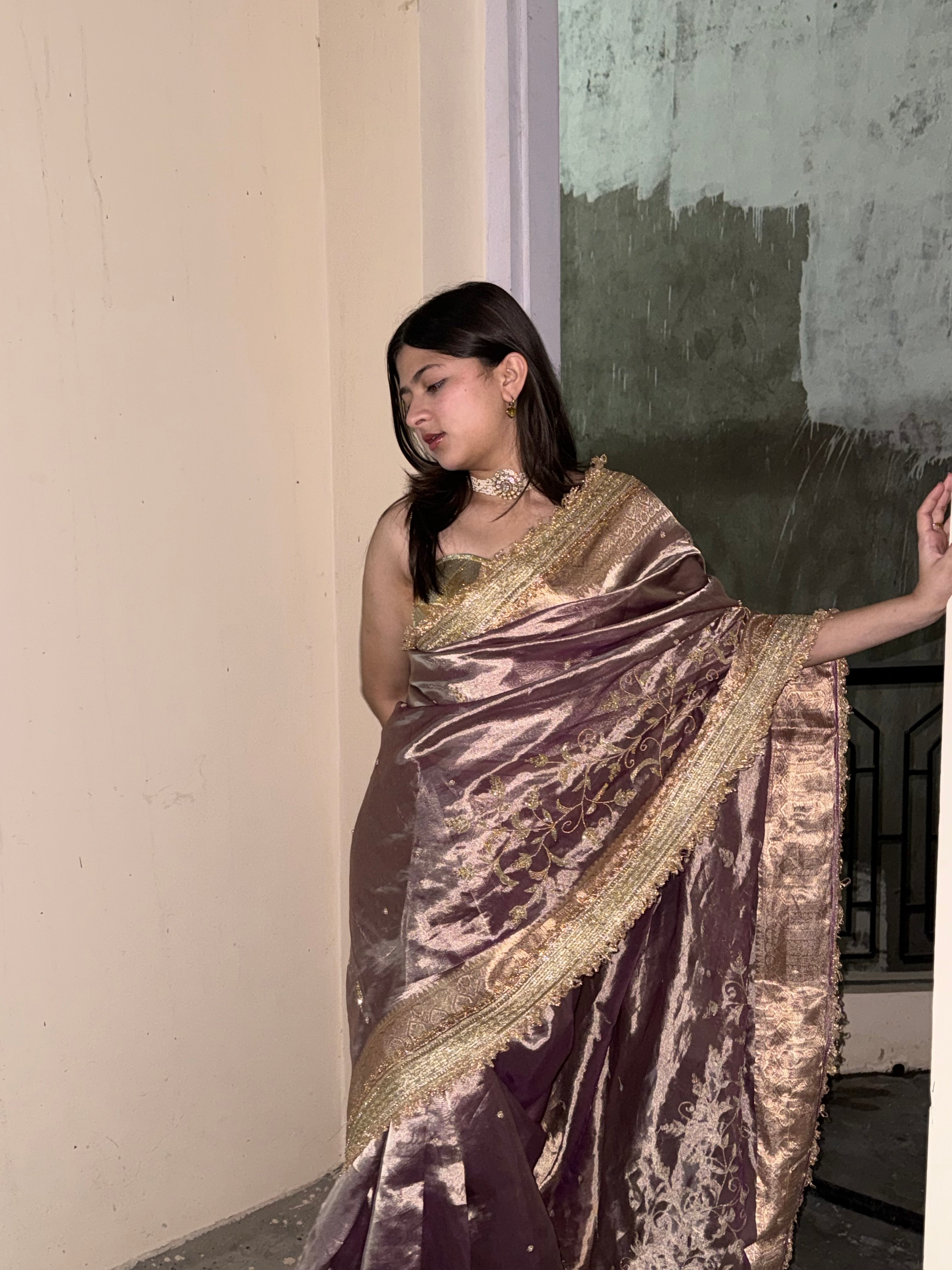 Cocktail wali saree - Dusty lavender tissue silk heavy hand embroidered saree