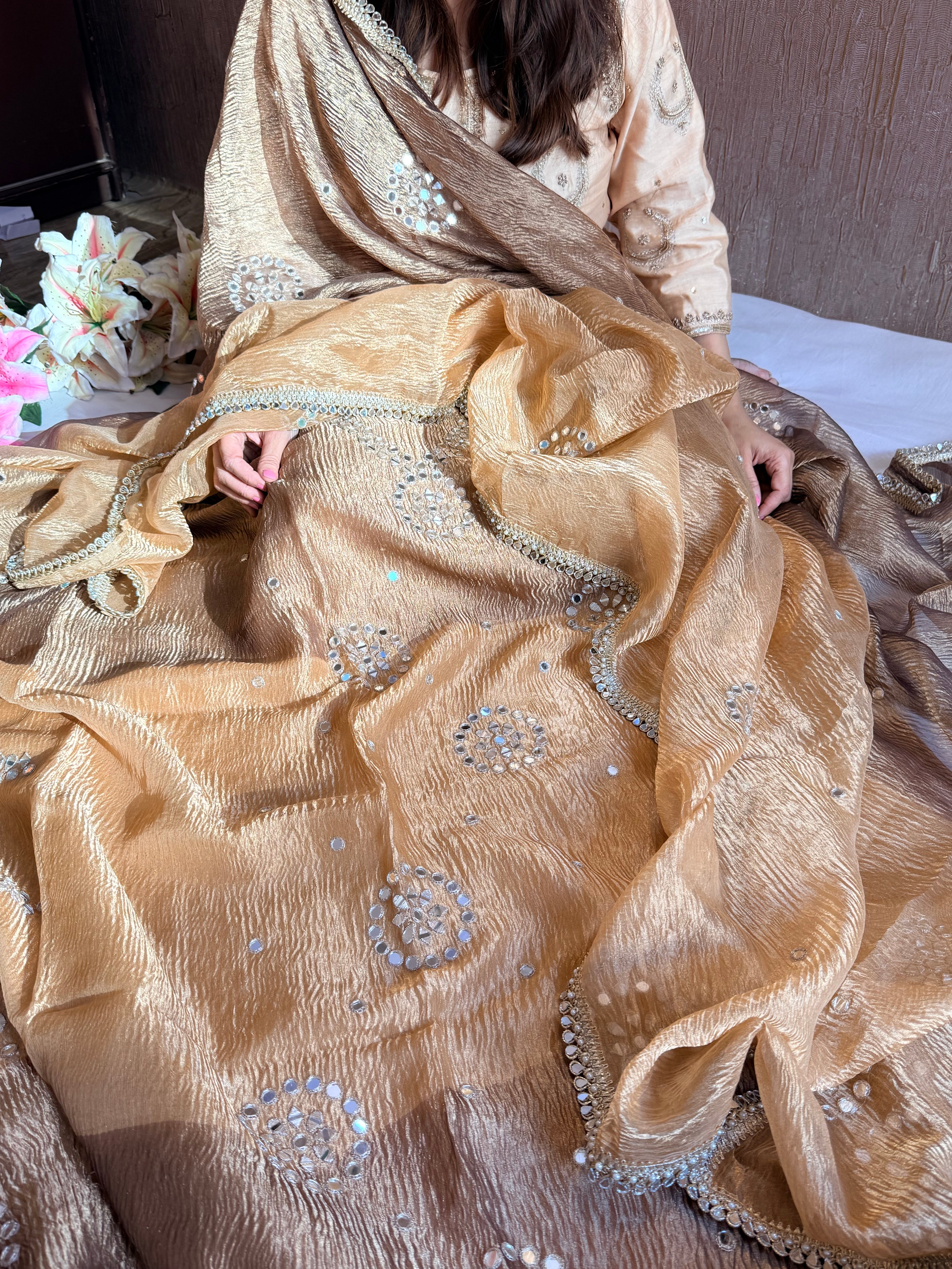 Banarasi tissue silk mirrorwork hand embroidered crushed suit sets