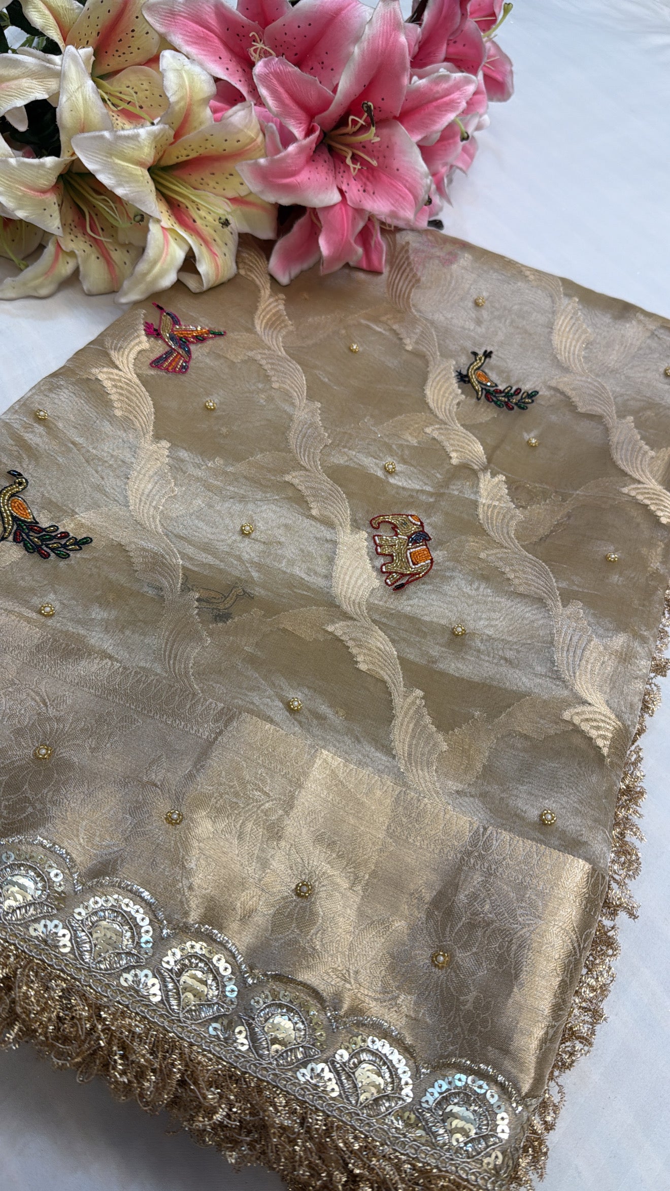 Champagne gold tissue silk jungla hand embroidered kadhwa saree