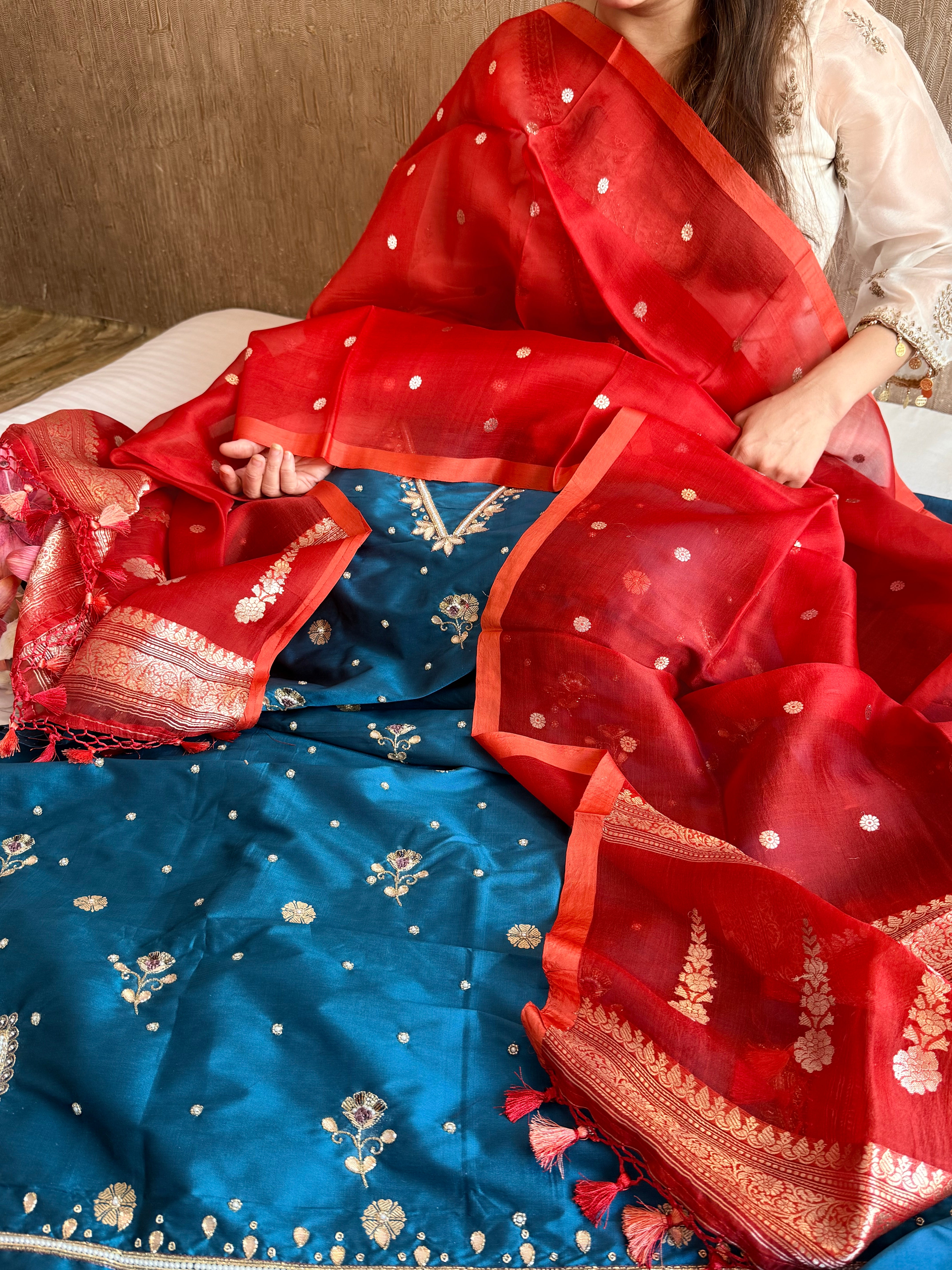 Katan silk hand embroidered banarasi kurta paired with kora silk duppata