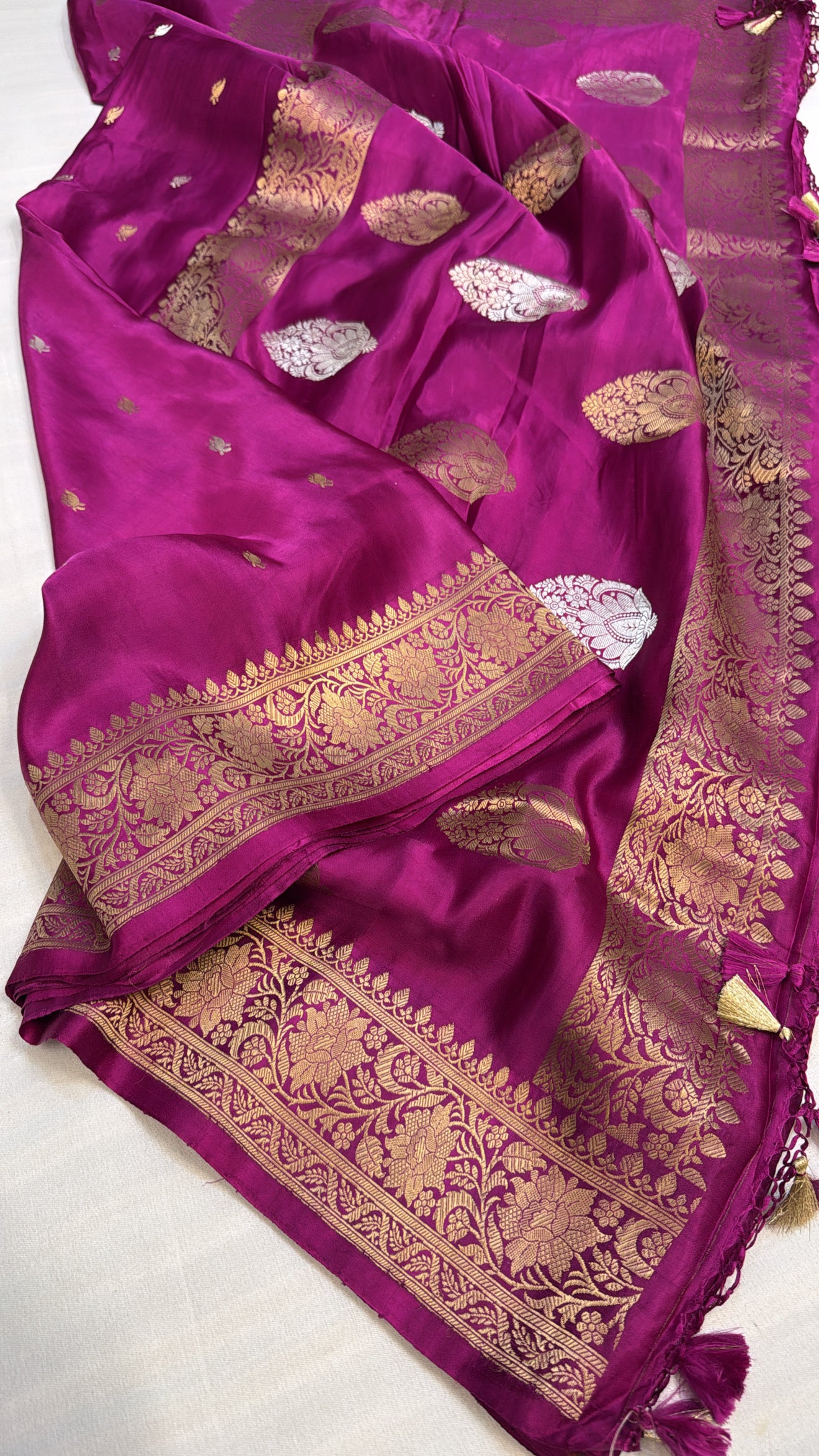 Mashru satin silk rani pink banarasi saree