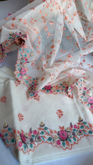 Mulmul cotton banarasi resham hand embroidered kadhwa suit set