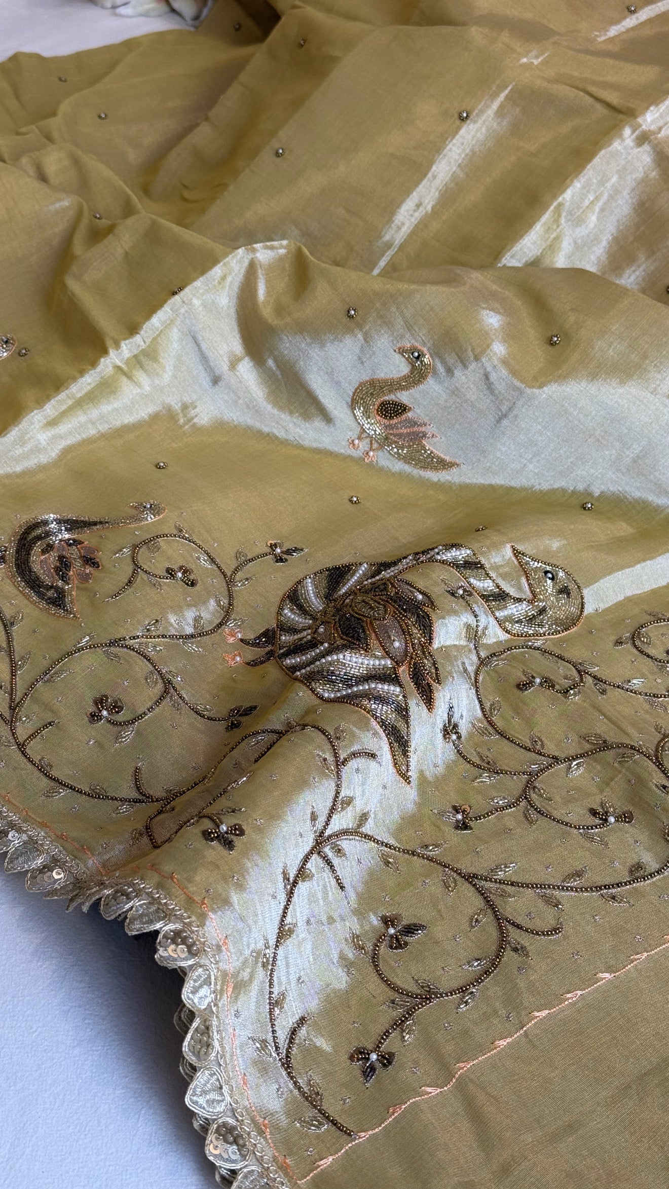 Satin tissue silk butter golden banarasi hand embroidered kadhwa saree